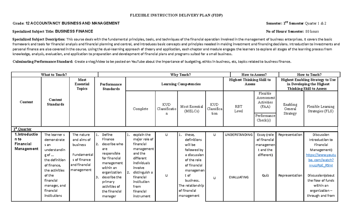 FIDP Business Finance - fidp - FLEXIBLE INSTRUCTION DELIVERY PLAN (FIDP ...