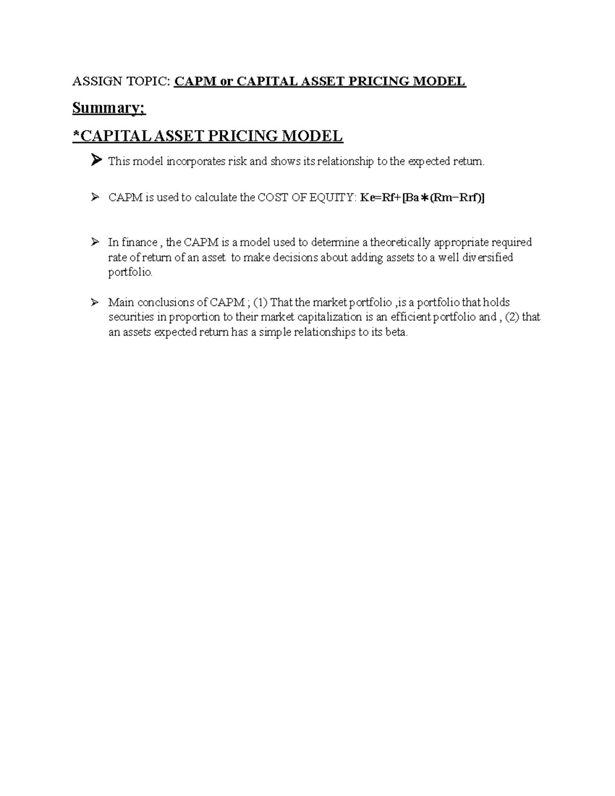 Summary - ASSIGN TOPIC: CAPM or CAPITAL ASSET PRICING MODEL Summary ...