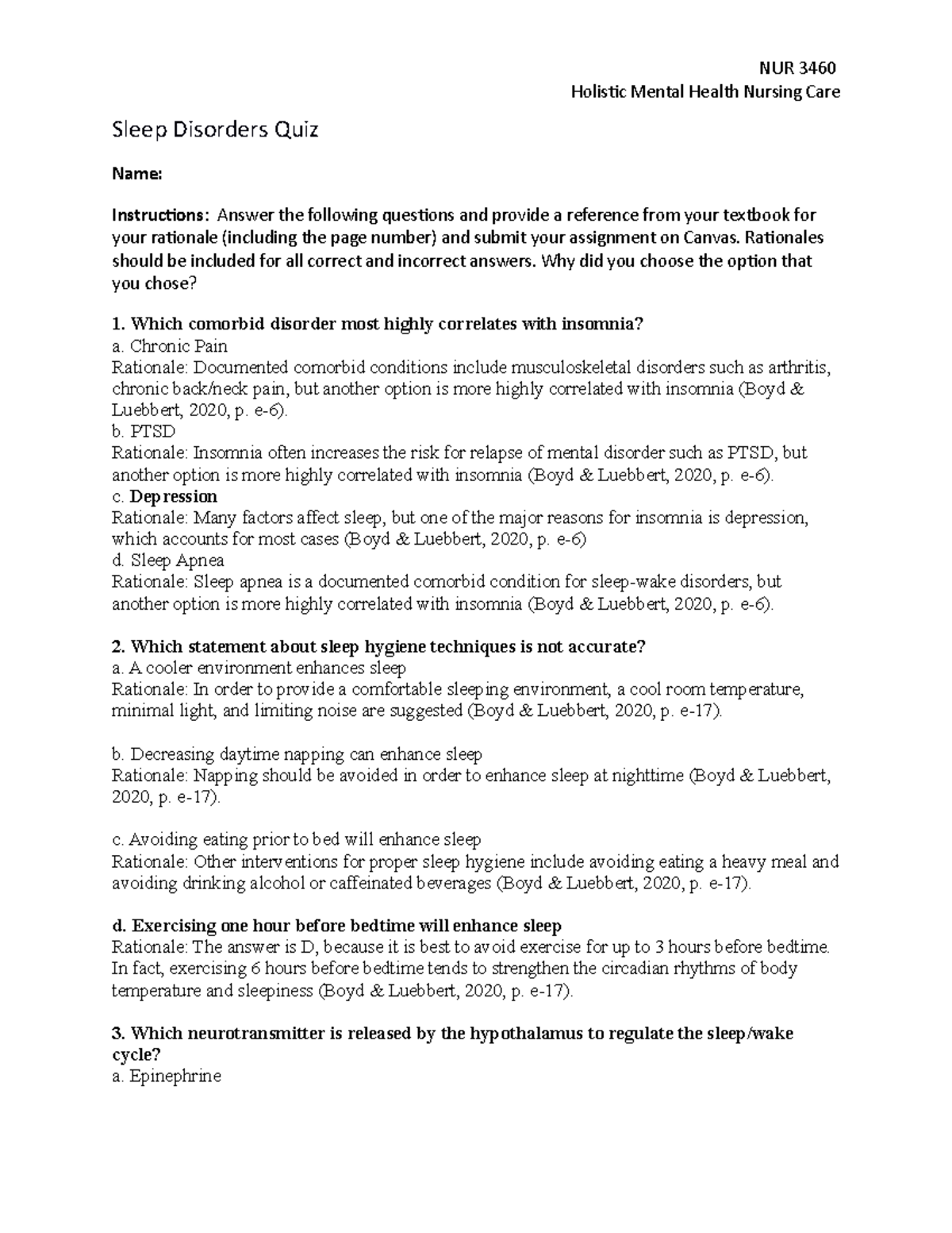 Sleep Disorder Quiz Holistic Mental Health Nursing Care Sleep