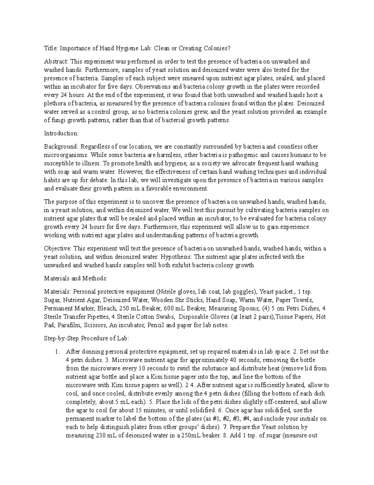 Hand washing lab results for microbiology Title Importance of Hand