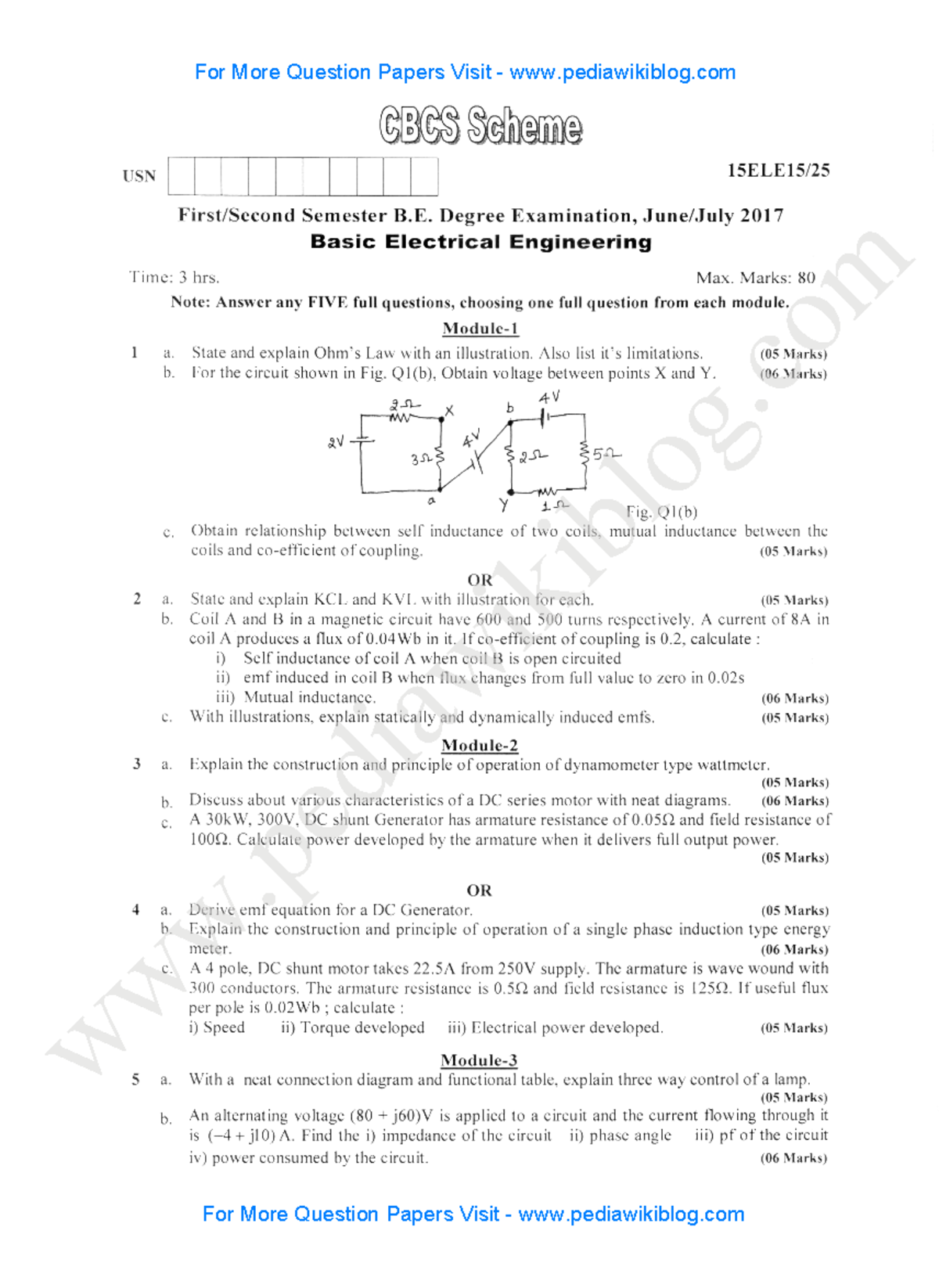 Basic Electrical Engg July 2017 (2015 Scheme)
