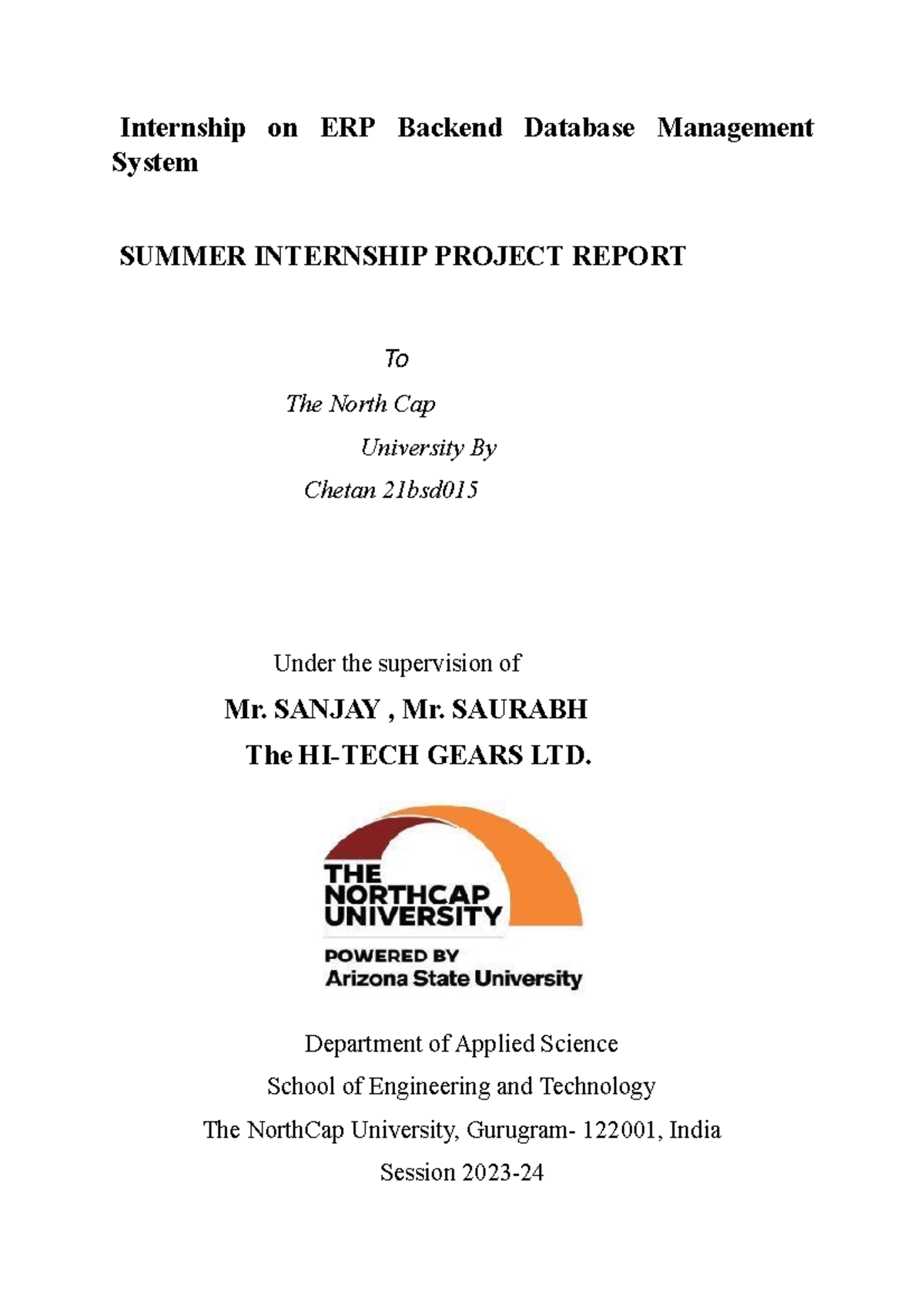 Chetan 21bsd015 Internship report - Internship on ERP Backend Database ...