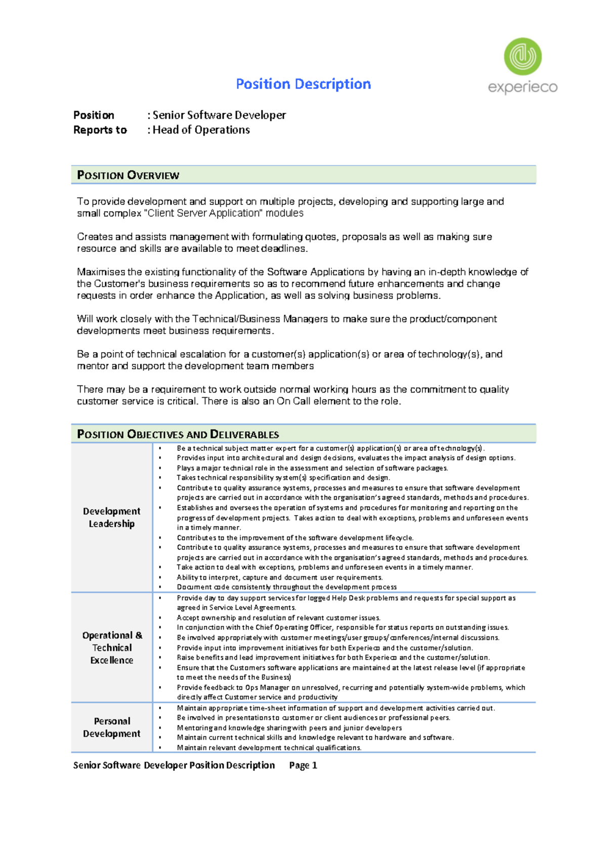 Position Description - Senior Software Developer - Senior Software