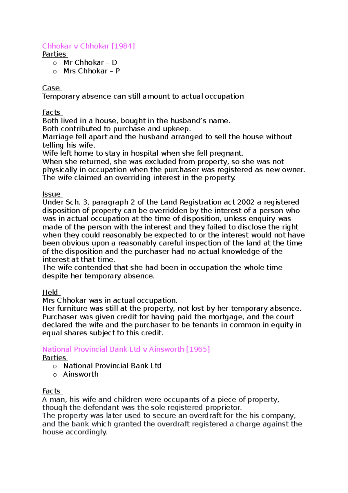 Land Law case notes week 2 Chhokar v Chhokar [1984] Parties o Mr