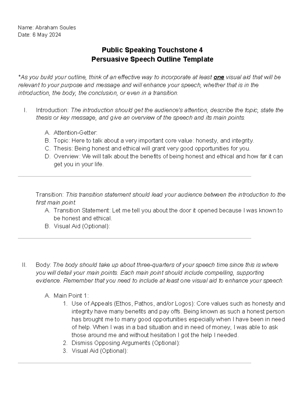 Public Speaking Touchstone 4 Soules 2024 May - Name: Abraham Soules ...