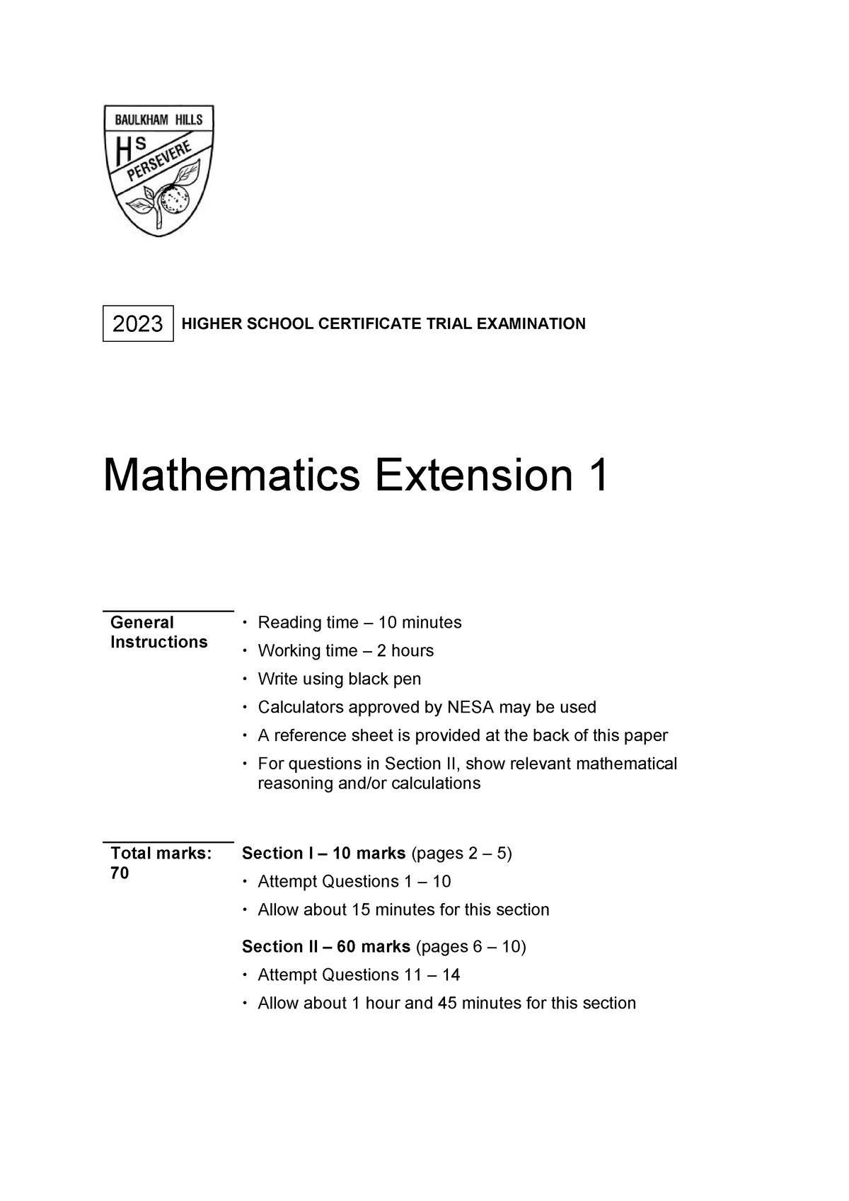 2023 Baulkham Hills High School - X1 - Trial - 2023 HIGHER SCHOOL ...