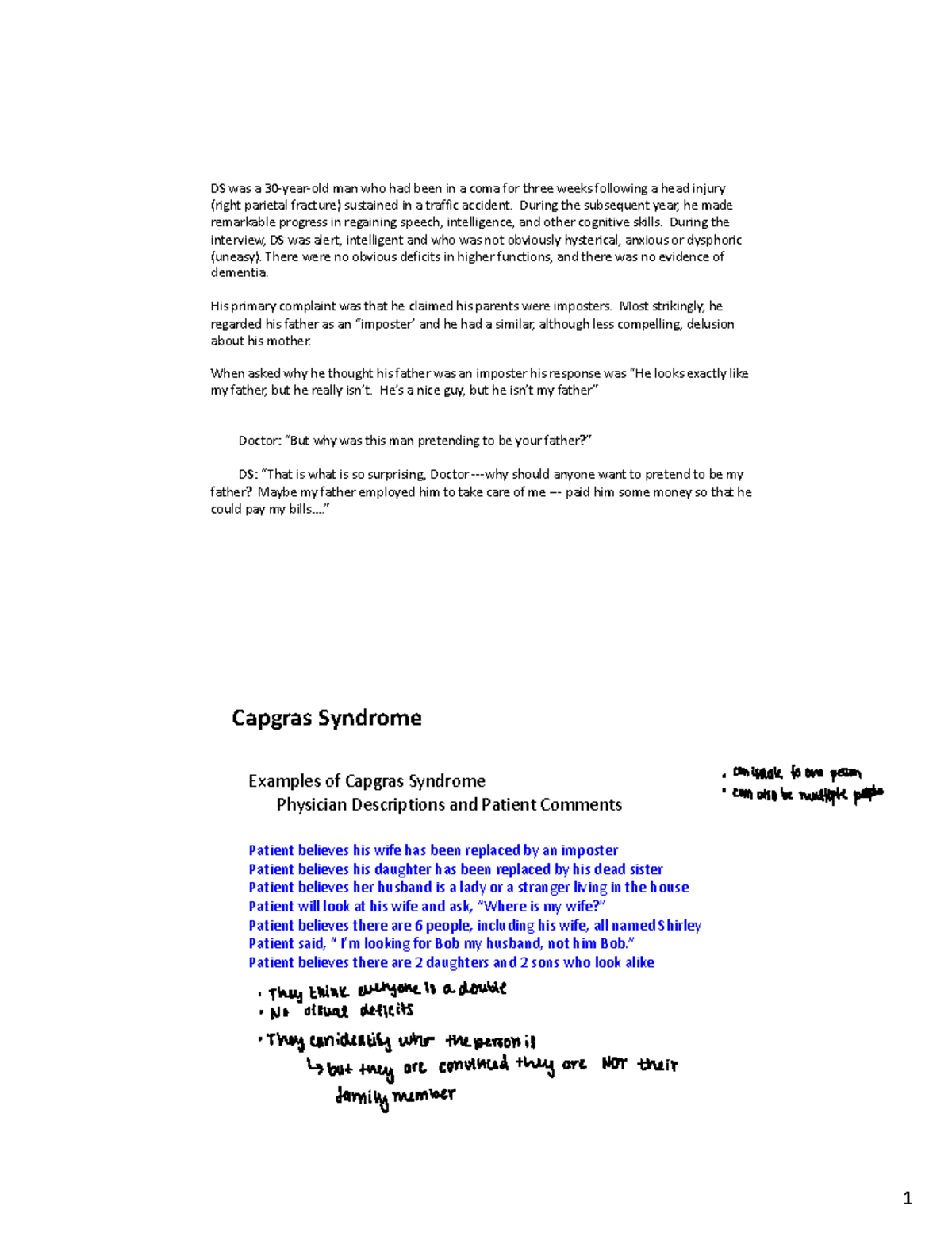 4. Capgras Syndrome - Dr. Choi Lecture Material w/ notes - DS was a 30 ...