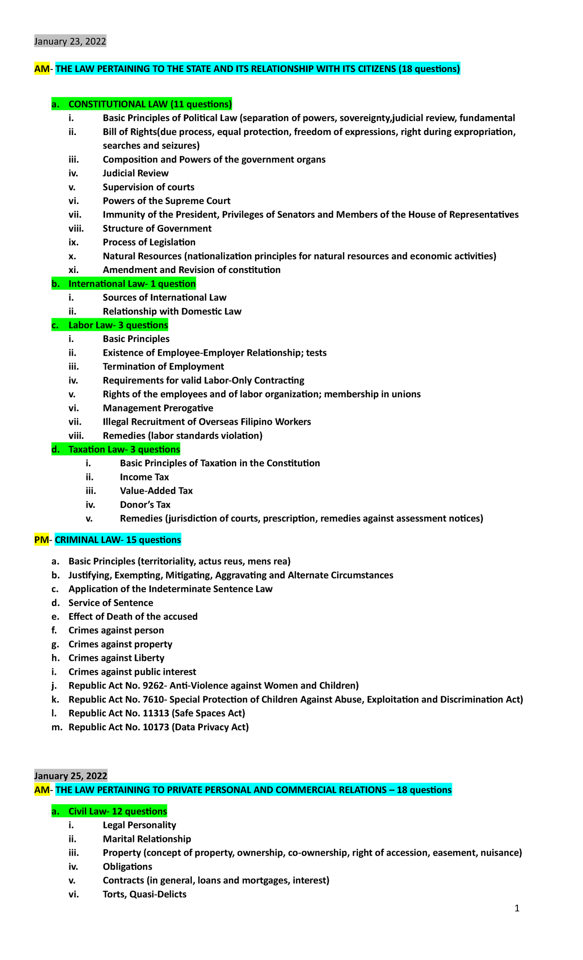 NEW BAR Syllabus January 23, 2022 AM THE LAW PERTAINING TO THE STATE