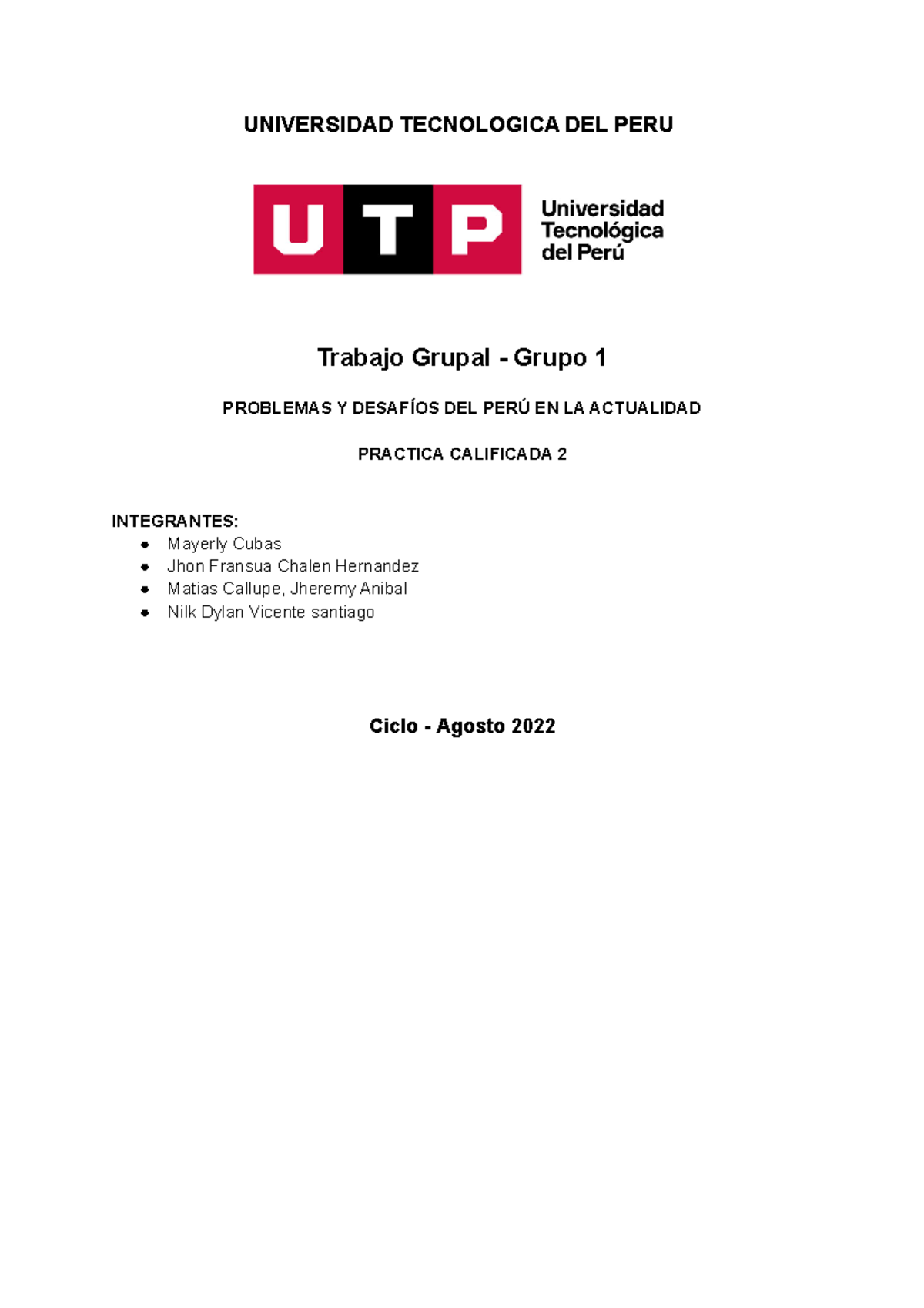 Grupo 01 - Practica Calificada 2 - UNIVERSIDAD TECNOLOGICA DEL PERU ...