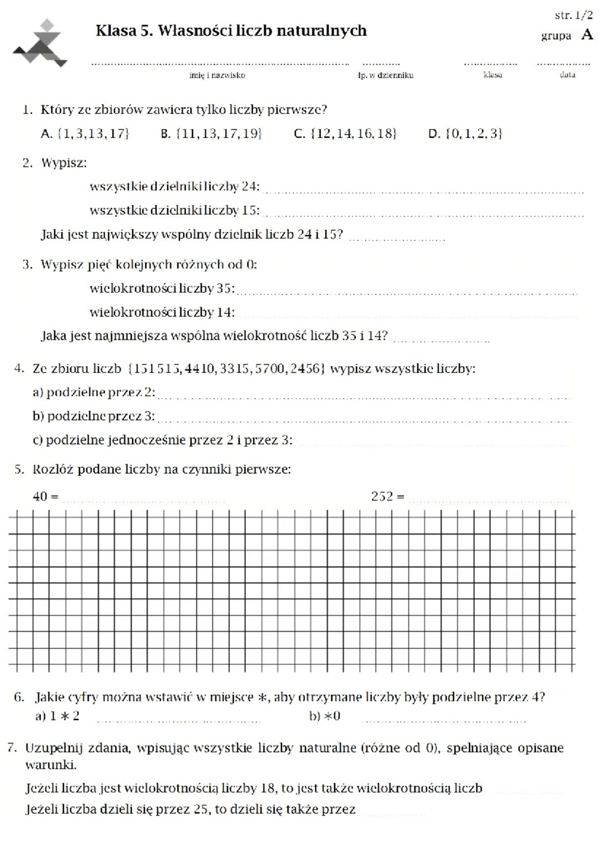 Sprawdzian Z Działu 2 Kl 5 Matematyka Z Plusem