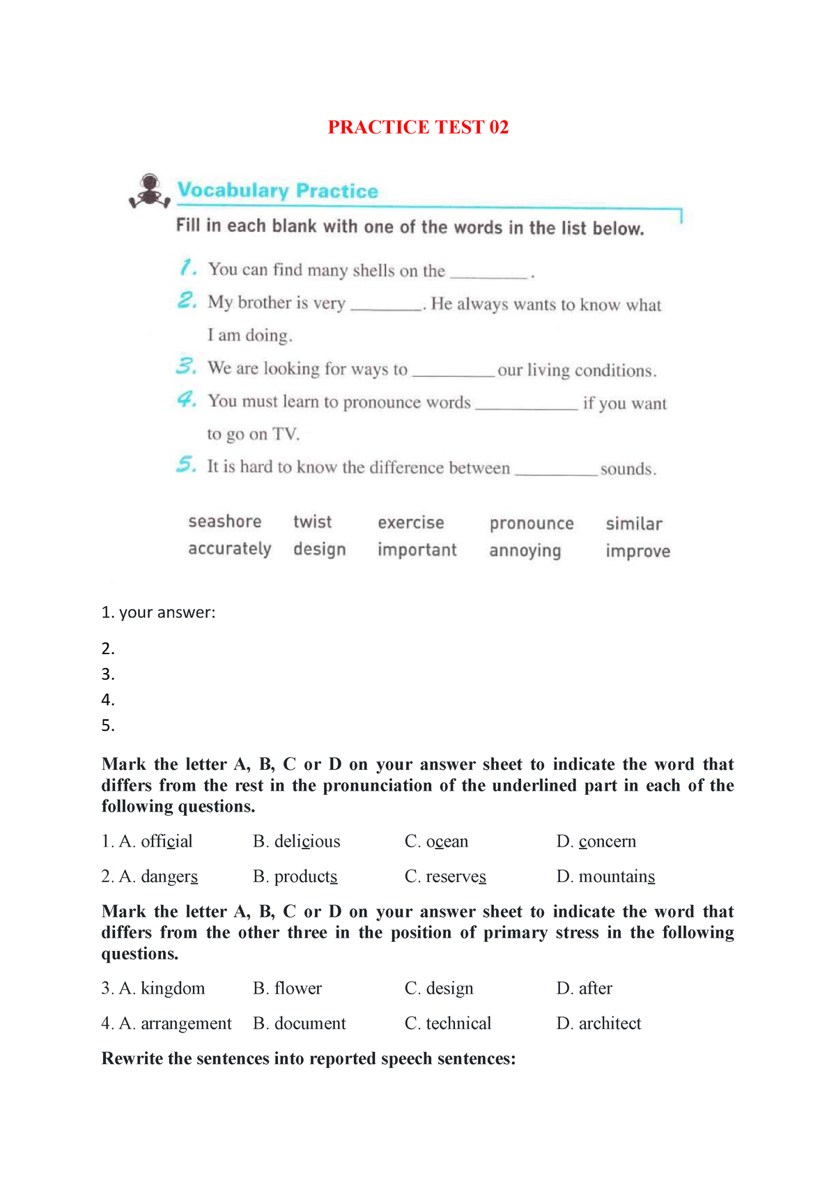 Đề Tiếng Anh 8 Dành Cho Hs Trung Bình Khá - PRACTICE TEST 02 Your ...