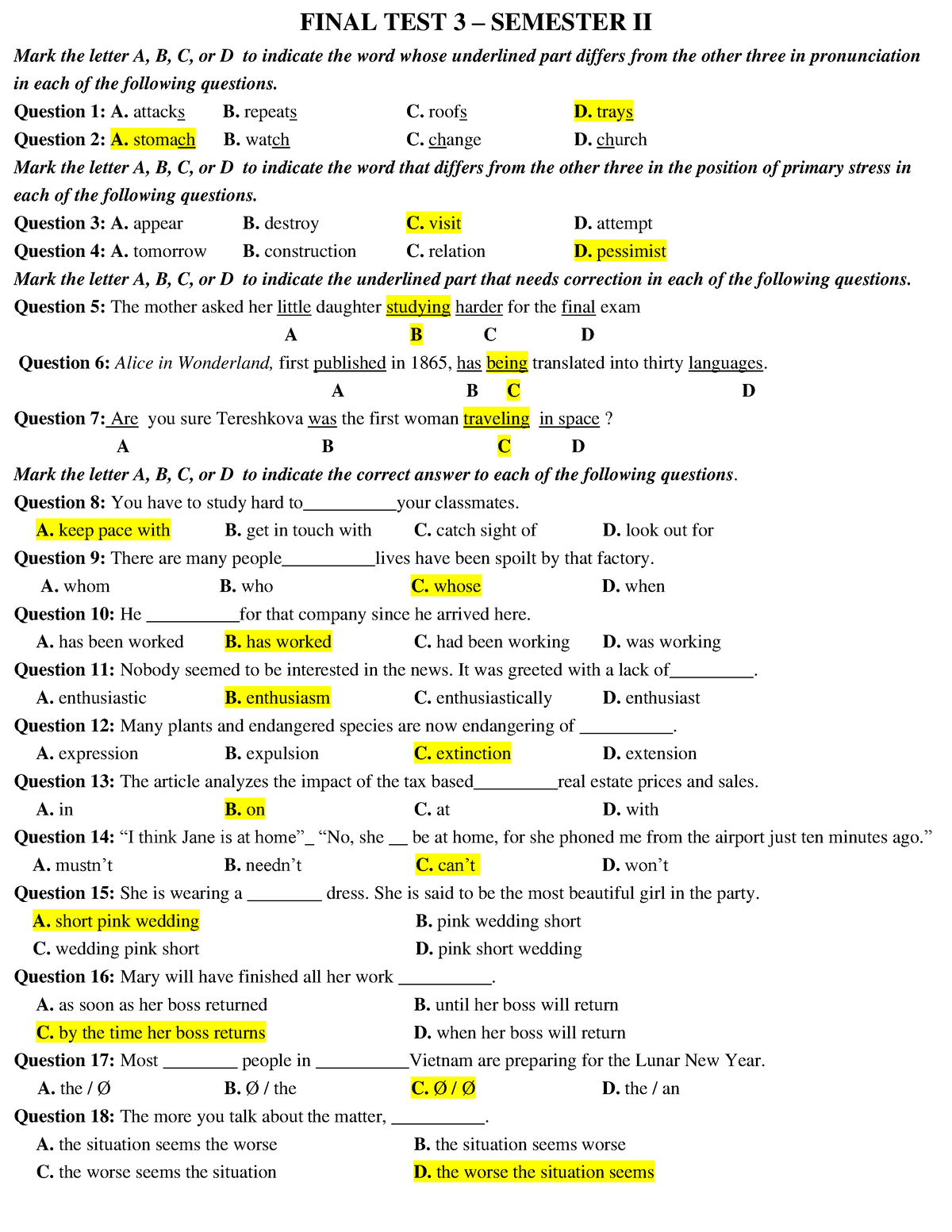 Final TEST 3 - Semester II - KEY - FINAL TEST 3 – SEMESTER II Mark The ...