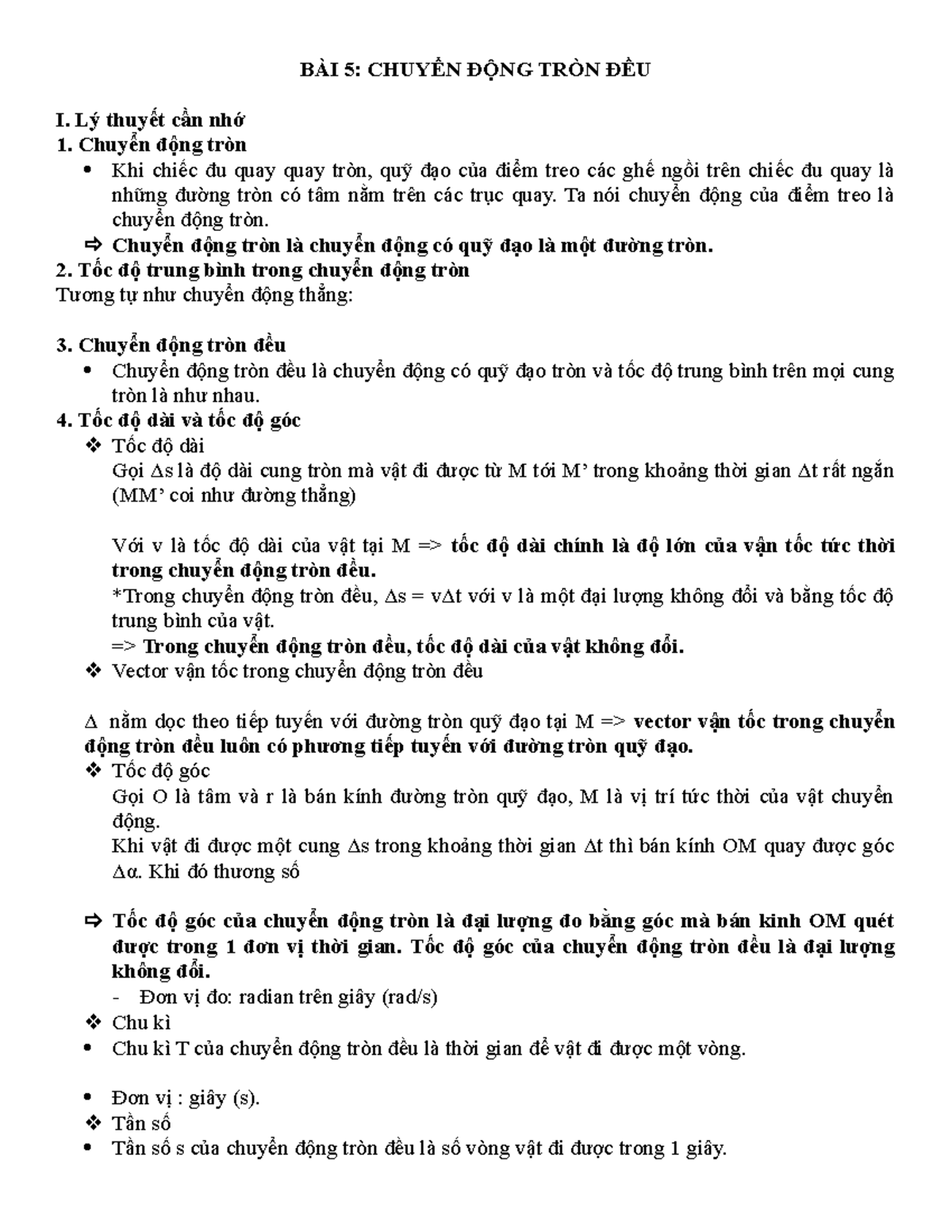 Bài 5 - bài 5 - BÀI 5: CHUYỂN ĐỘNG TRÒN ĐỀU I. Lý thuyết cần nhớ Chuyển ...