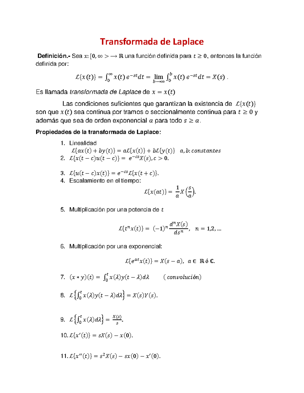 Transformada de Laplace - Transformada de Laplace Definición.- Sea ý:[0 ...