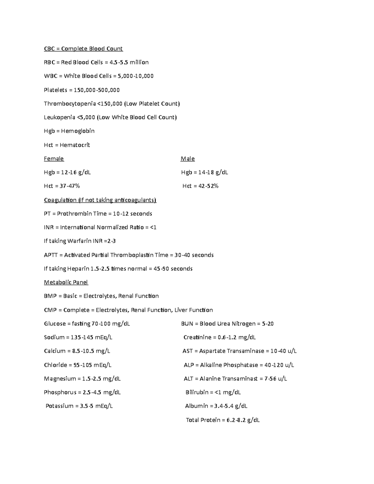 Blood Levels to know 1 1 - CBC = Complete Blood Count RBC = Red Blood ...