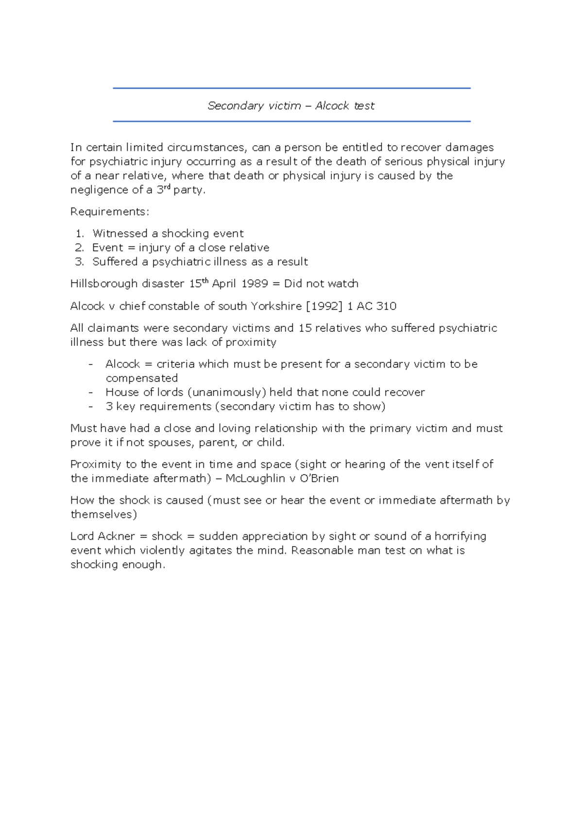 Secondary victim - Alcock test - Tort law - Secondary victim – Alcock ...