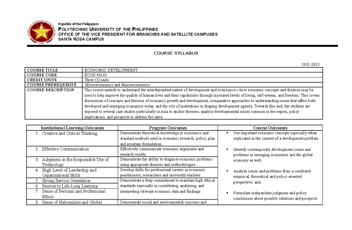 ECON 40163 Economic Development 2122 2 - COURSE SYLLABUS 2022- COURSE ...