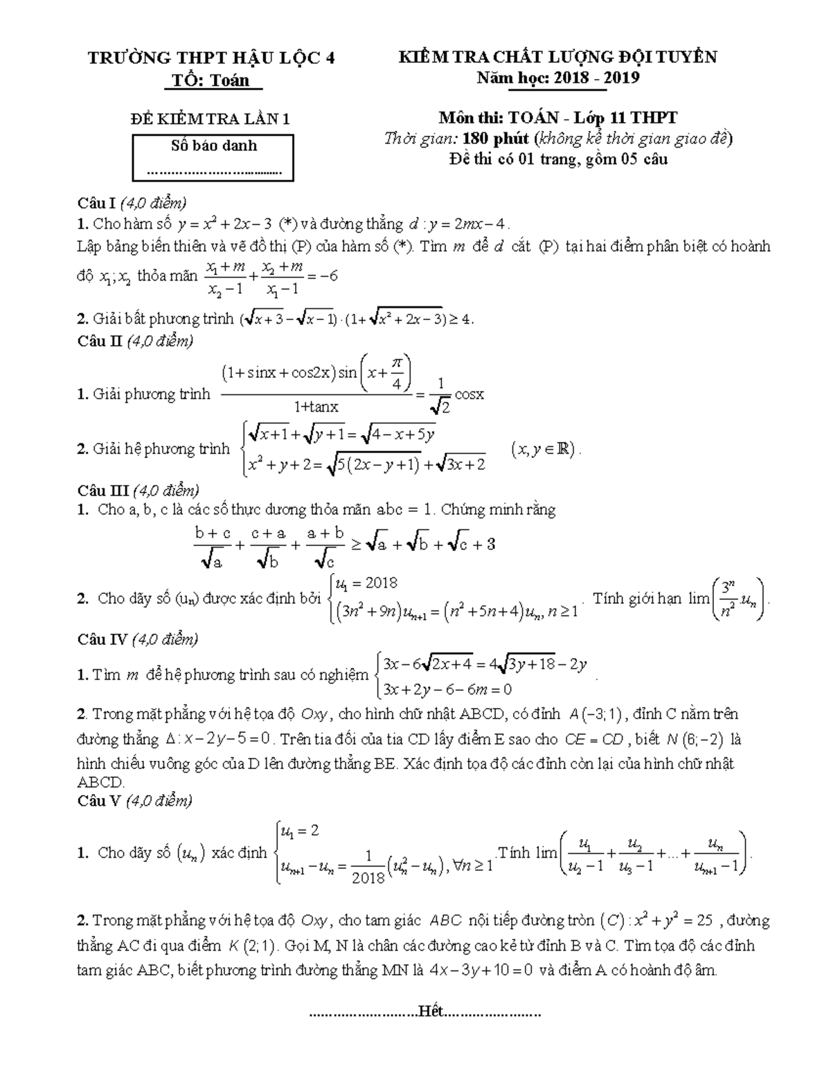 De Kiem Tra Chat Luong Doi Tuyen Toan 11 Nam 2018 2019 Truong Thpt Hau ...