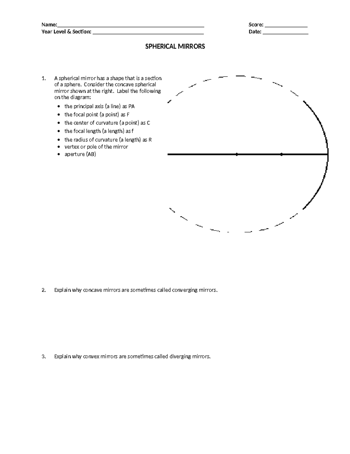 Spherical Mirrors labelling - Name ...