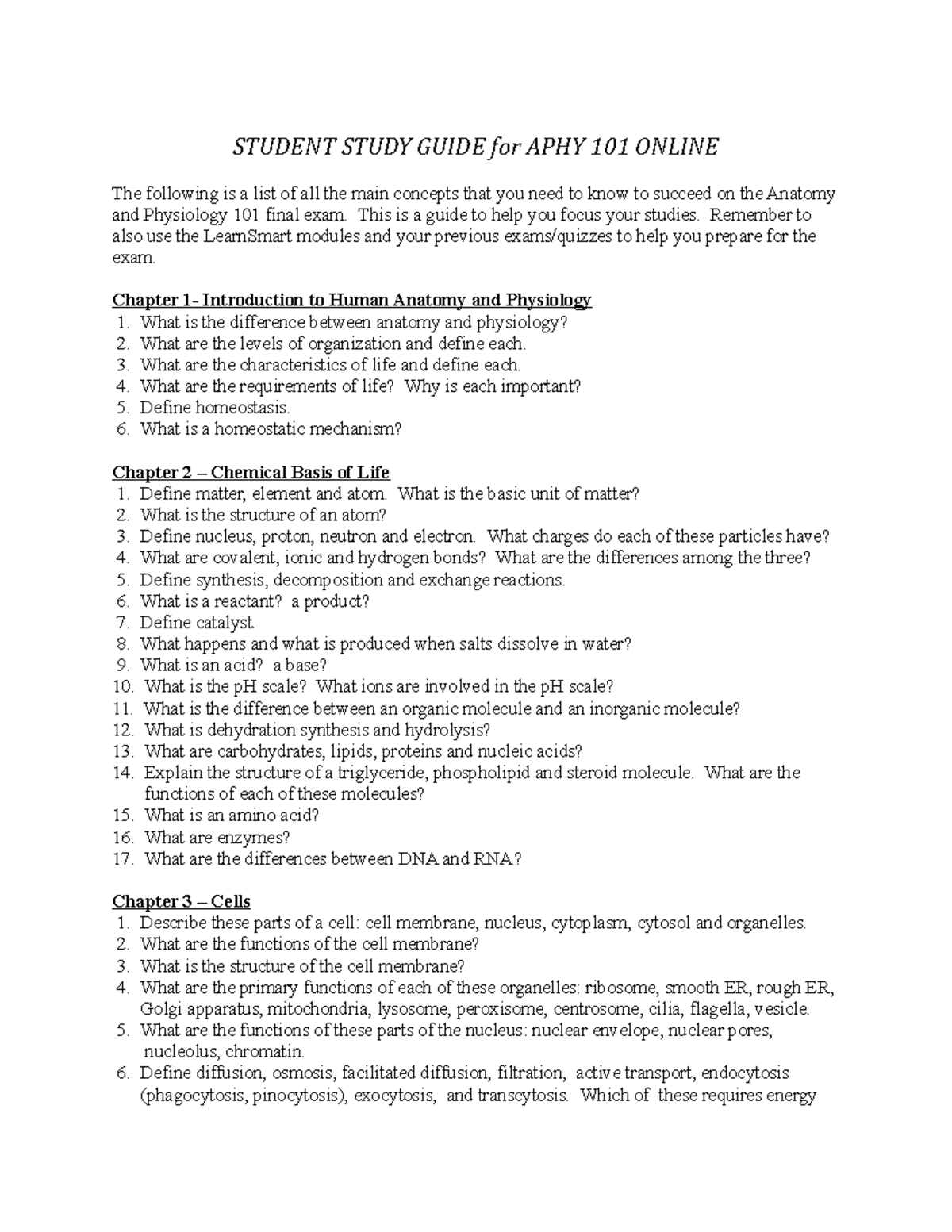 APHY101 Student Study Guide final exam - STUDENT STUDY GUIDE for APHY