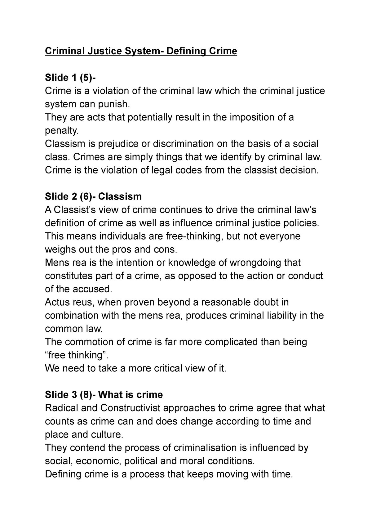 CJS Defining Crime - Lecture Notes - Criminal Justice System- Defining ...