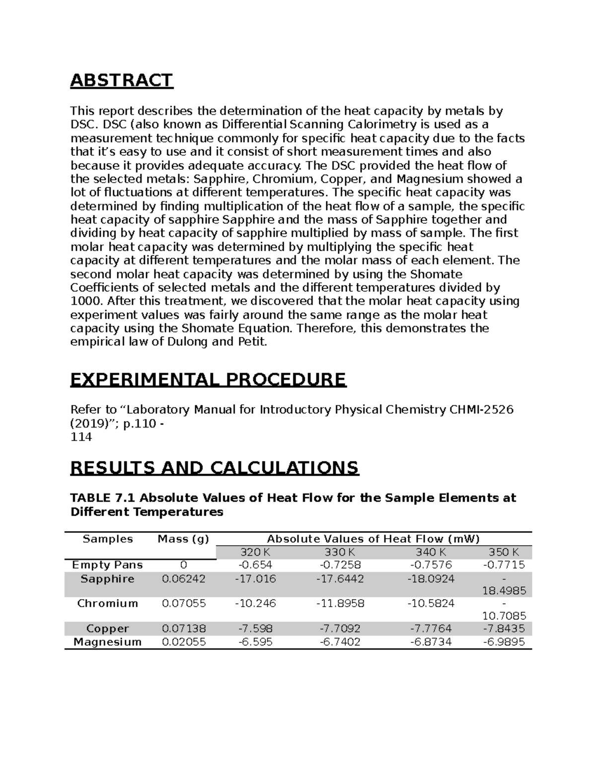 CHMI2526Lab7 - Formal Lab Report - ABSTRACT This report describes the ...