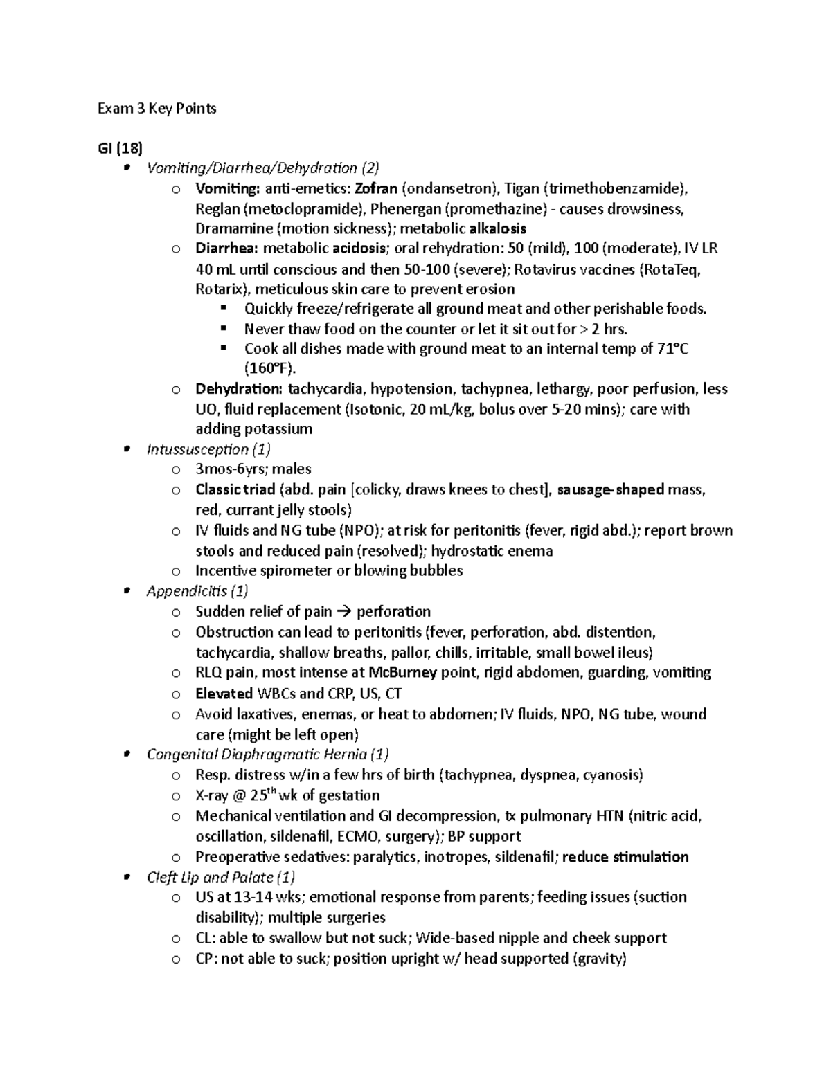 425 - 425 - summary - Exam 3 Key Points GI (18) Vomiting/Diarrhea ...