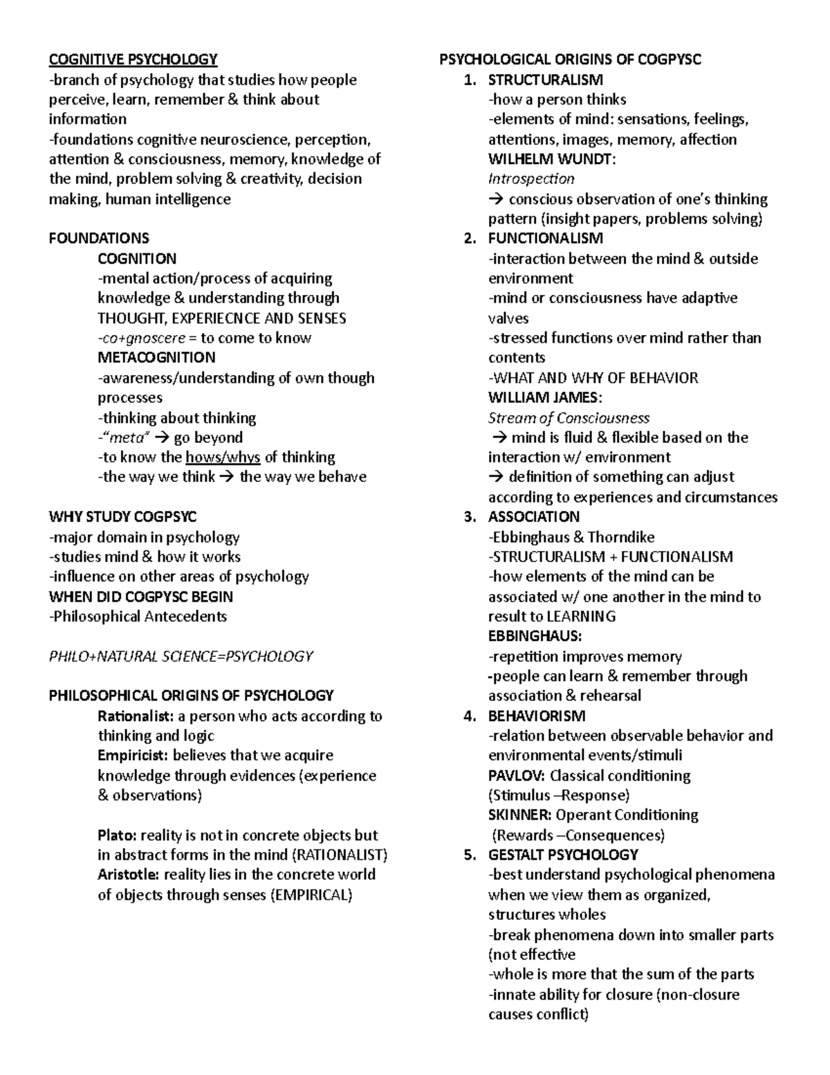 Cogpsych EXAM 1 - Lecture notes 1-2 - COGNITIVE PSYCHOLOGY -branch of ...