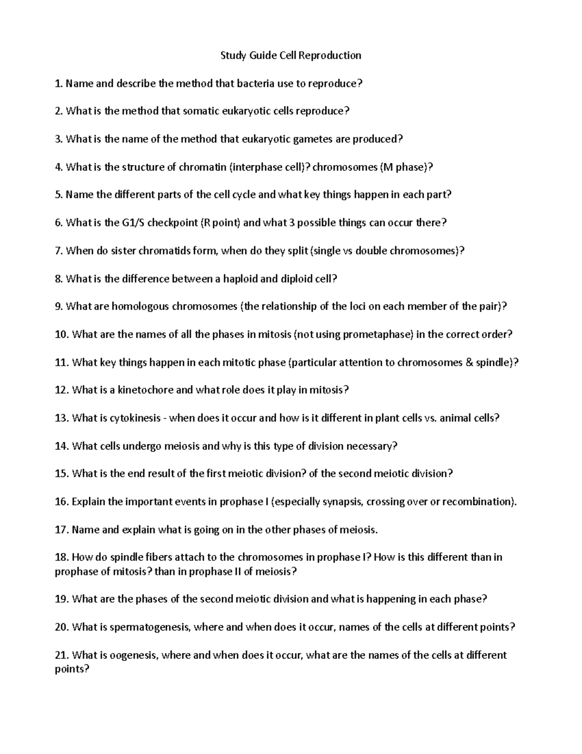 207 Study Guide Cell Reproduction - Study Guide Cell Reproduction Name ...