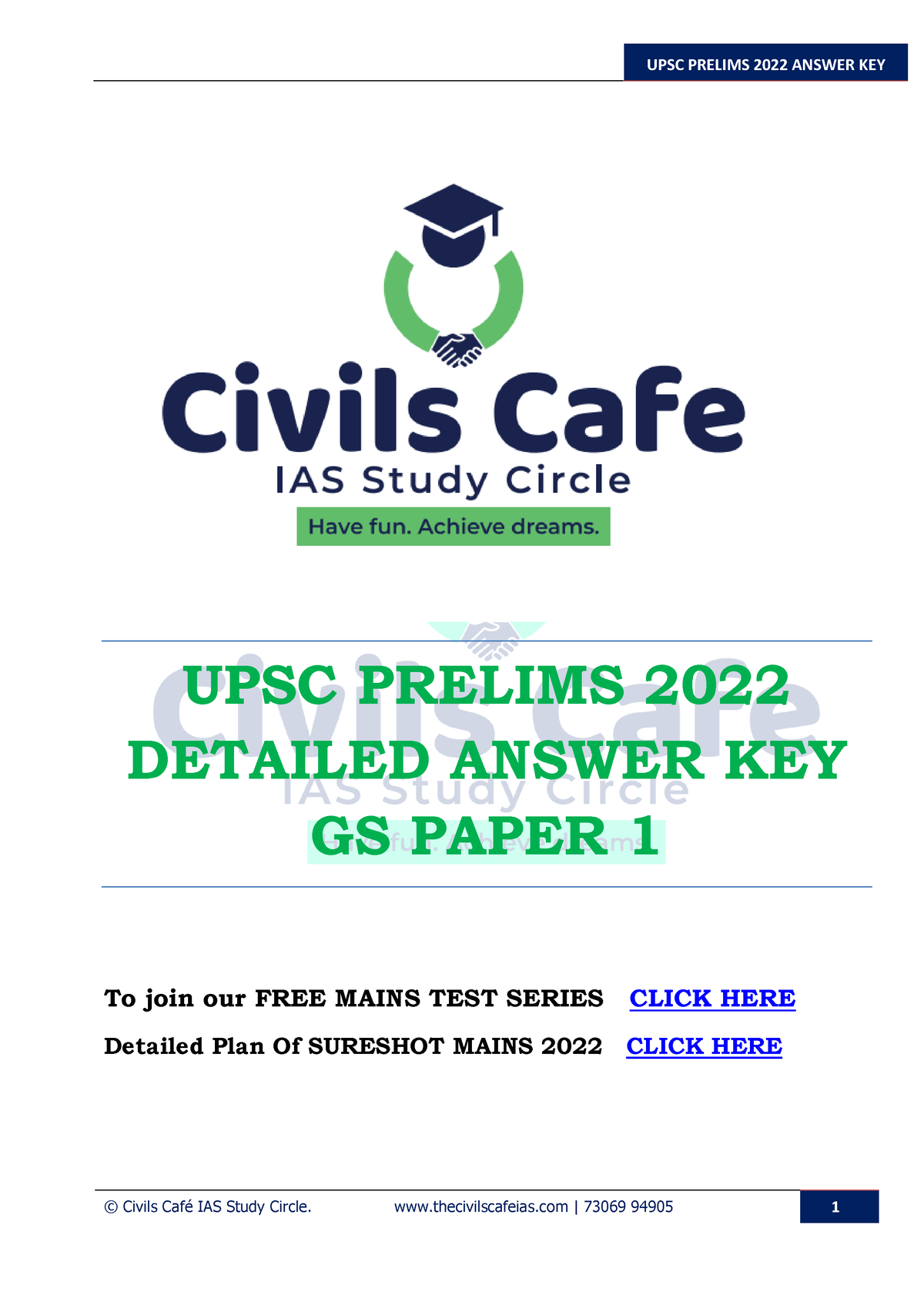 Detailed Answer Key UPSC 2022 Prelims GS Paper 1 By Civils Cafe IAS ...