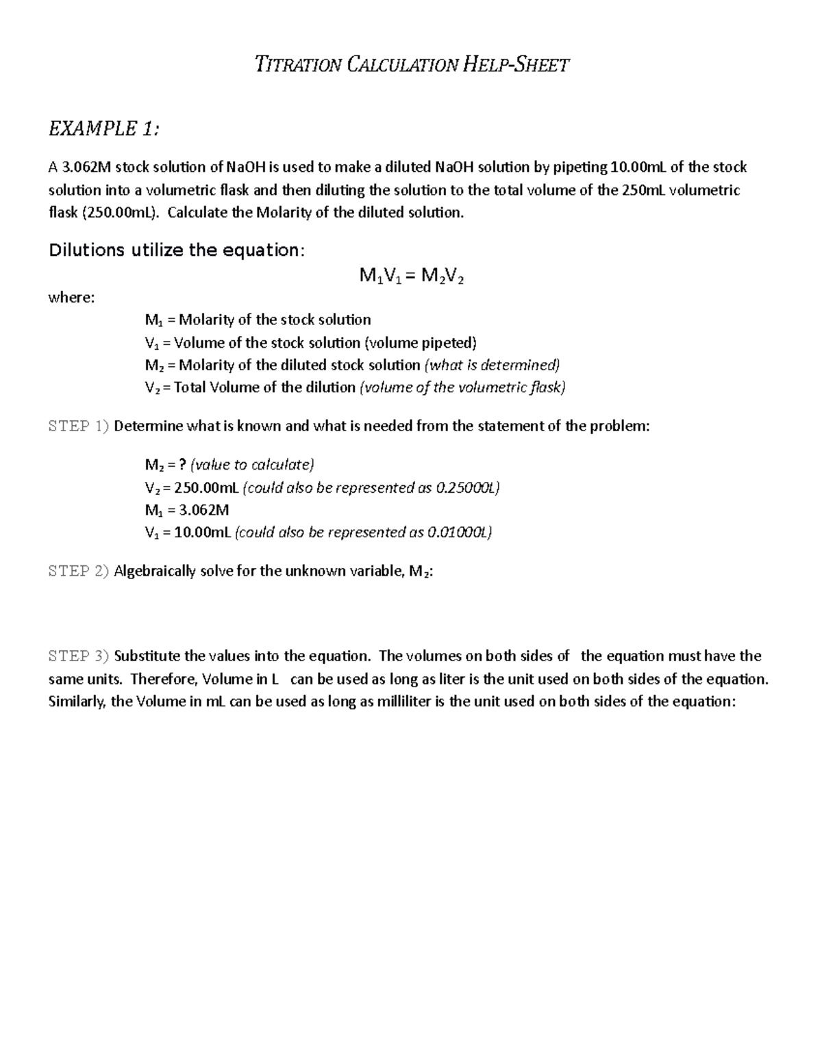 Titration Calculation Help TITRATION CALCULATION HELPSHEET EXAMPLE 1
