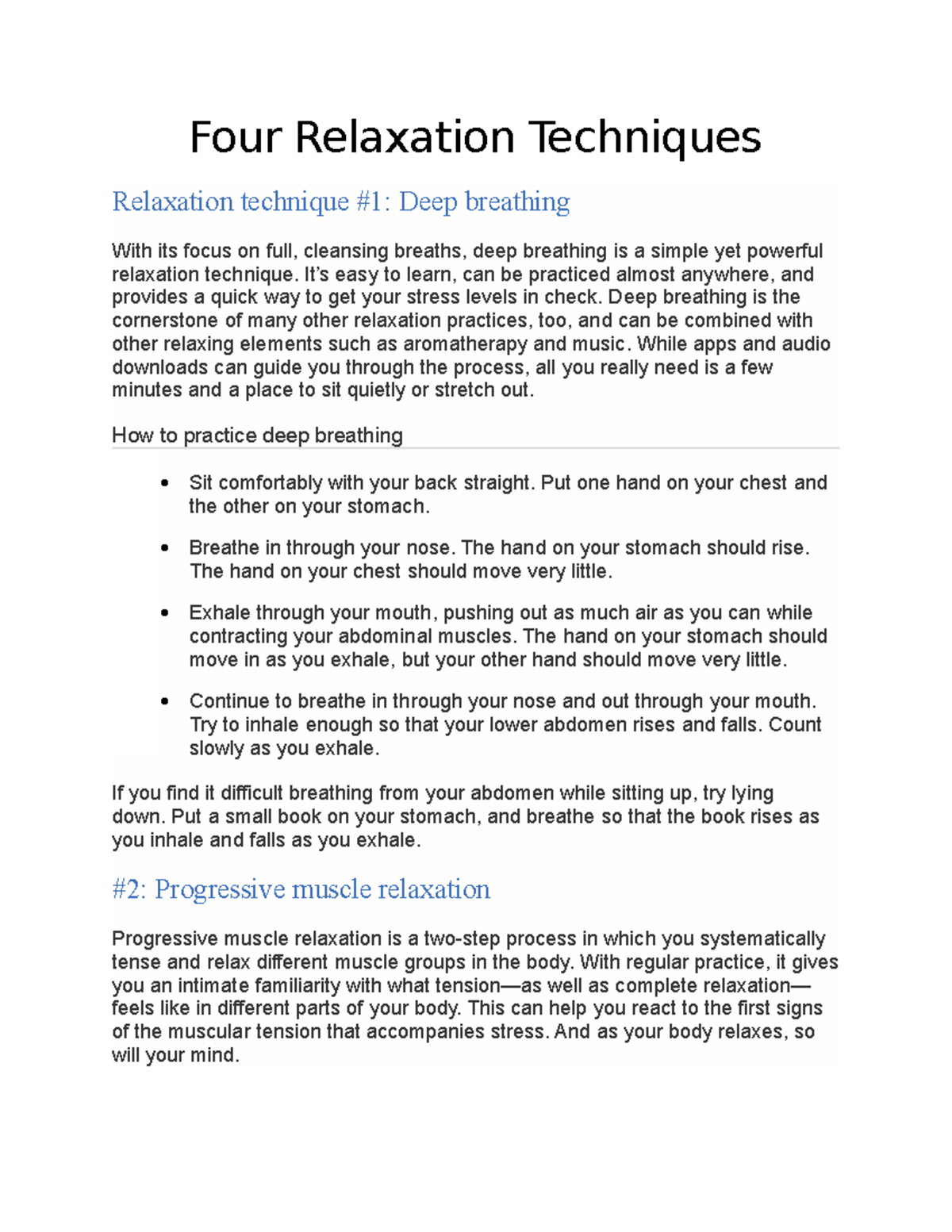 Four Relaxation Techniques - Four Relaxation Techniques Relaxation ...