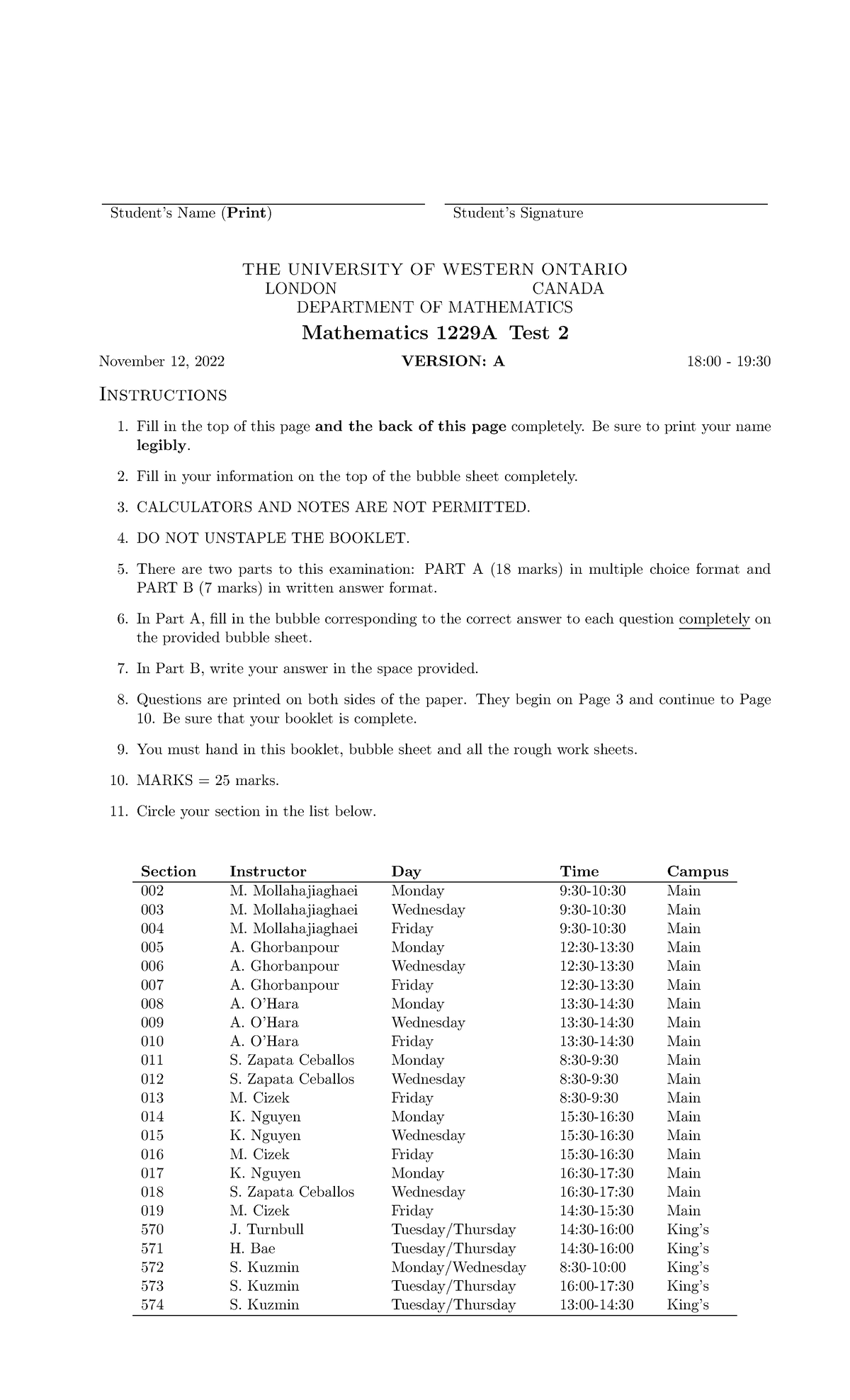 MATH1229A Fall 22-test2-Ver A - Student’s Name (Print) Student’s ...