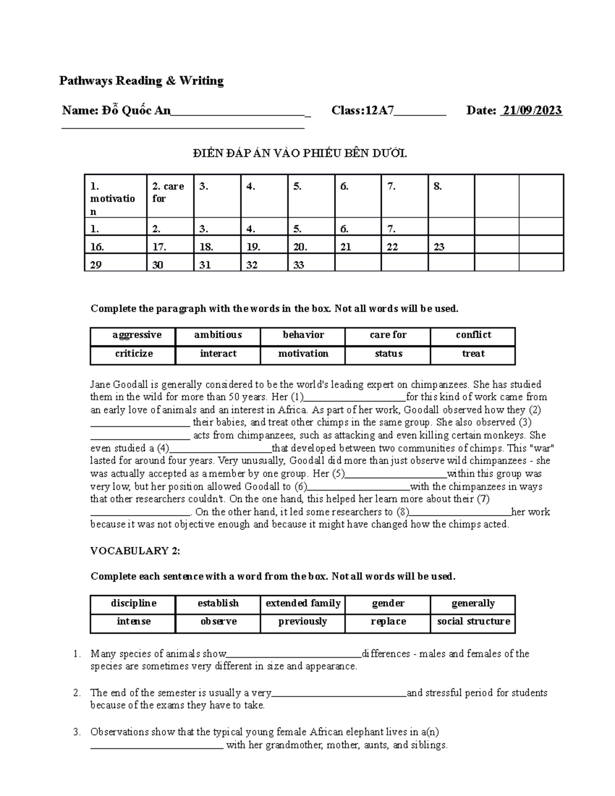 Đỗ Quốc An-pathways test - Pathways Reading & Writing Name: Đỗ Quốc An ...