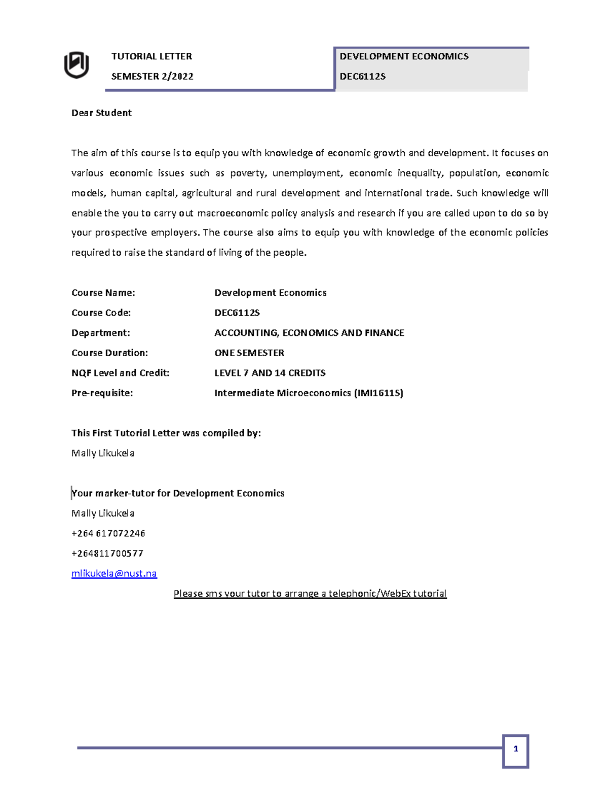 DEC712S - ASSIGNMENT - TUTORIAL LETTER SEMESTER 2/ DEC6112S Dear ...