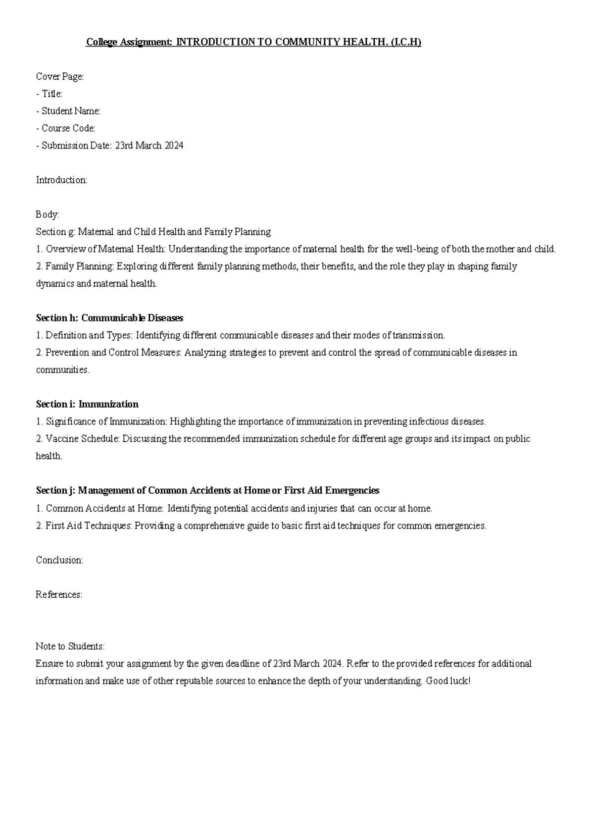 I.C.H Assignment FOR Weekend Students - College Assignment ...