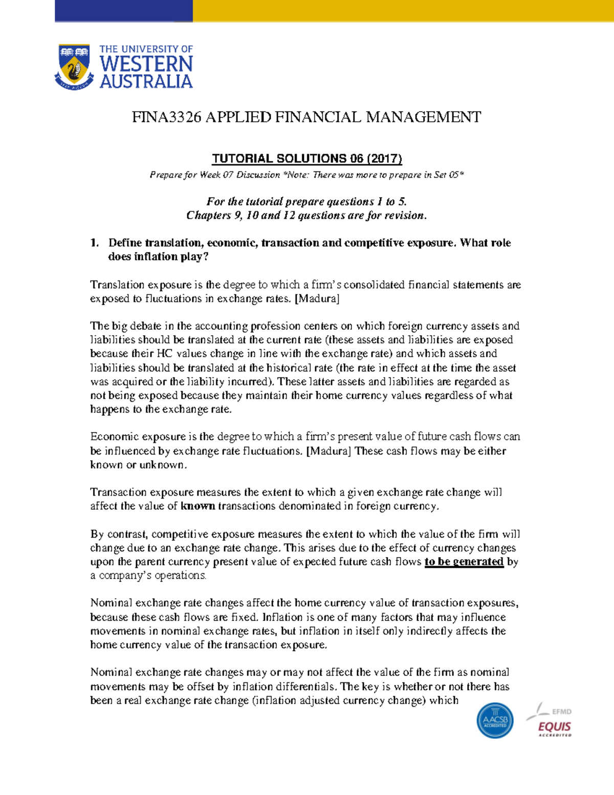 Tutorial Solutions 06 - FINA3326 APPLIED FINANCIAL MANAGEMENT TUTORIAL ...