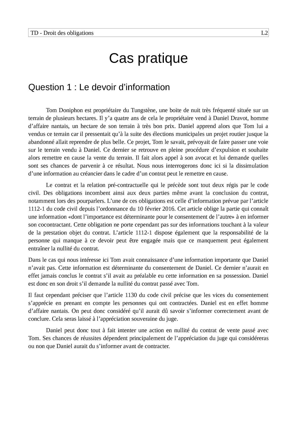 Cas Pratique Droit Des Obligations Le Devoir D Information Td