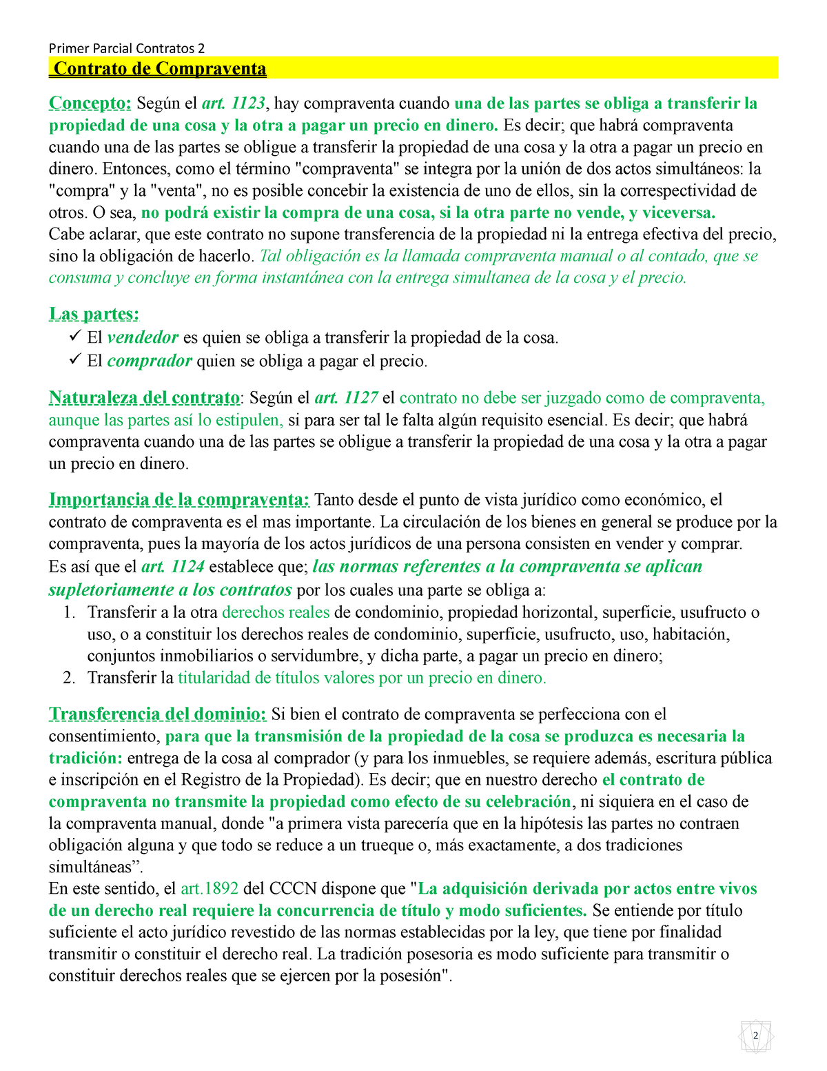 Primer Parcial Contratos Ii Contrato De Compraventa Concepto Según El Art 1123 Hay 8481