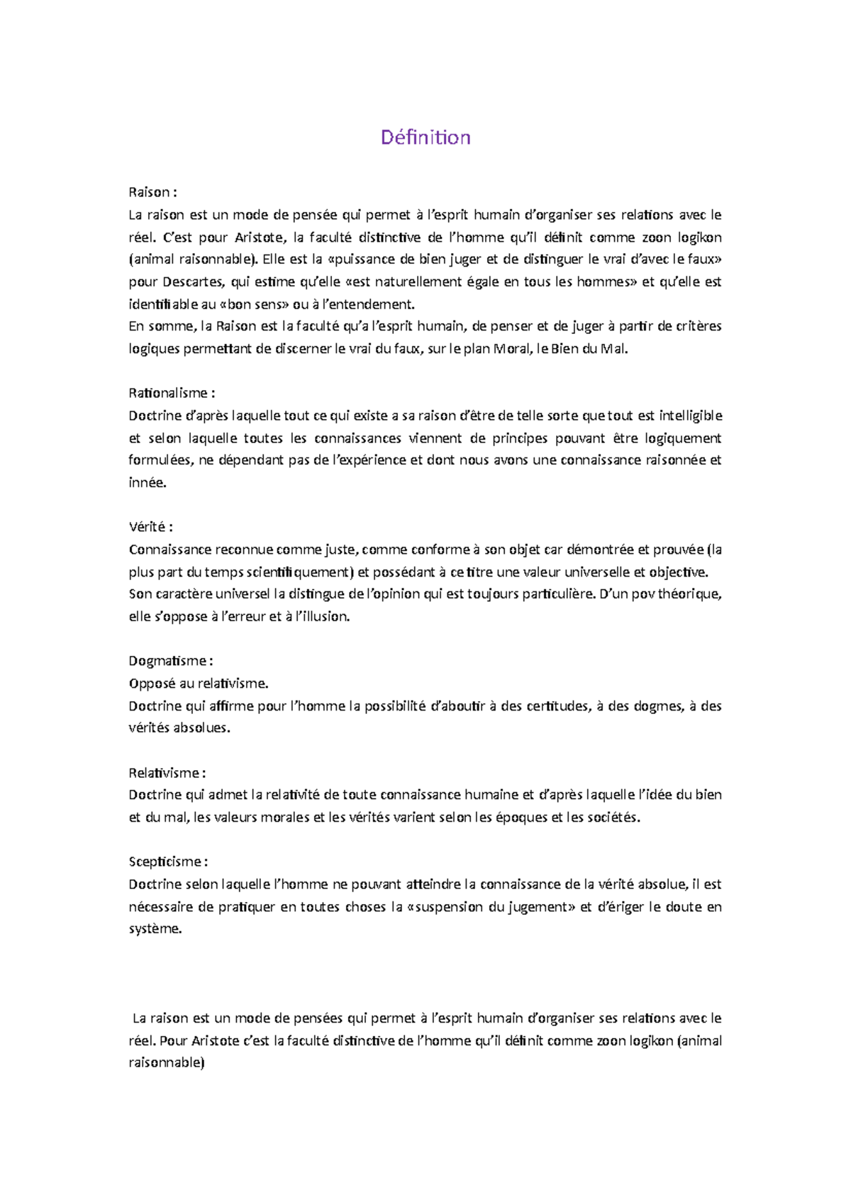 Definition philo Définition Raison La raison est un mode de pensée