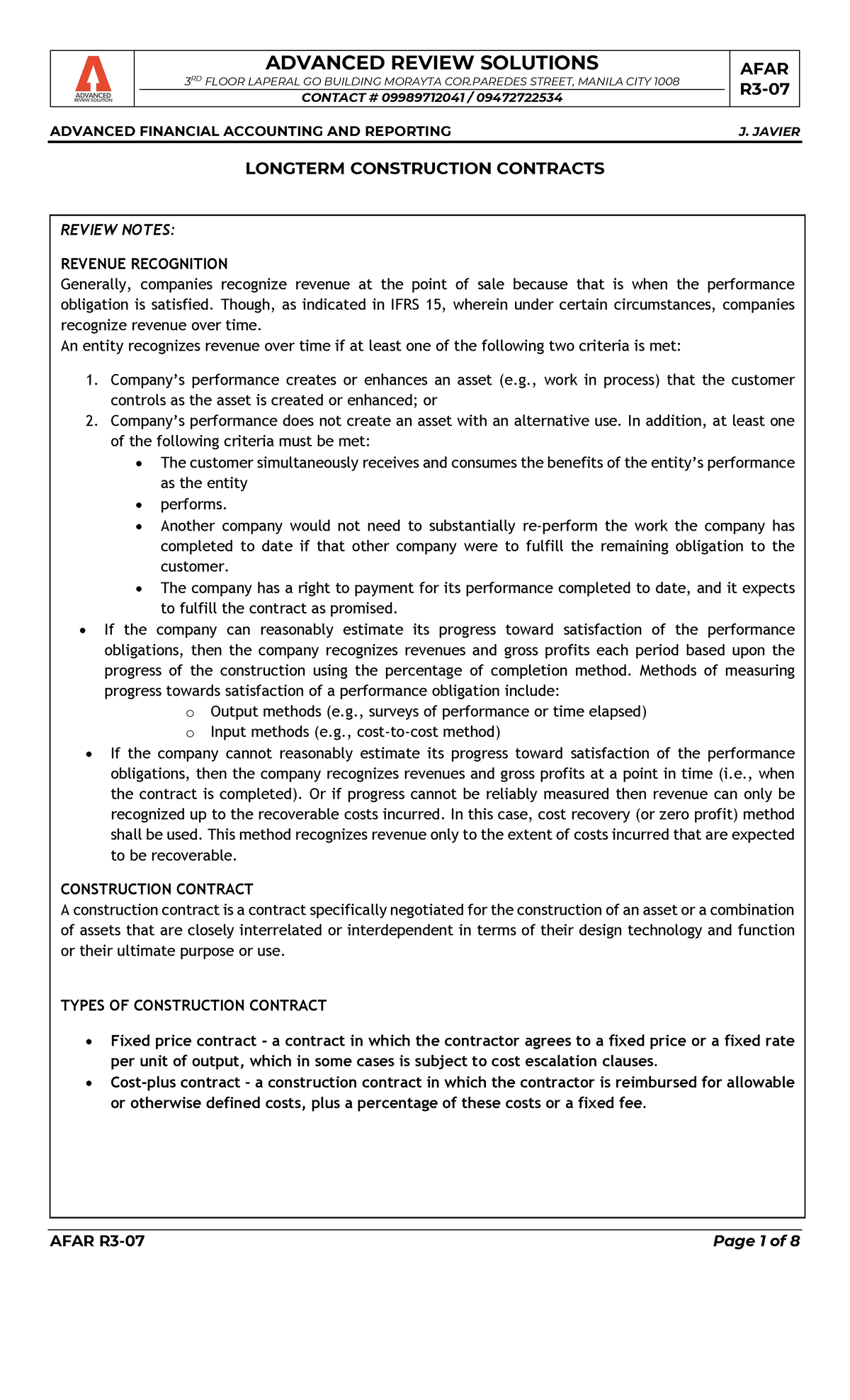 AFAR-Handout 07- Longterm Construction Contracts - ####### 3 RD FLOOR ...