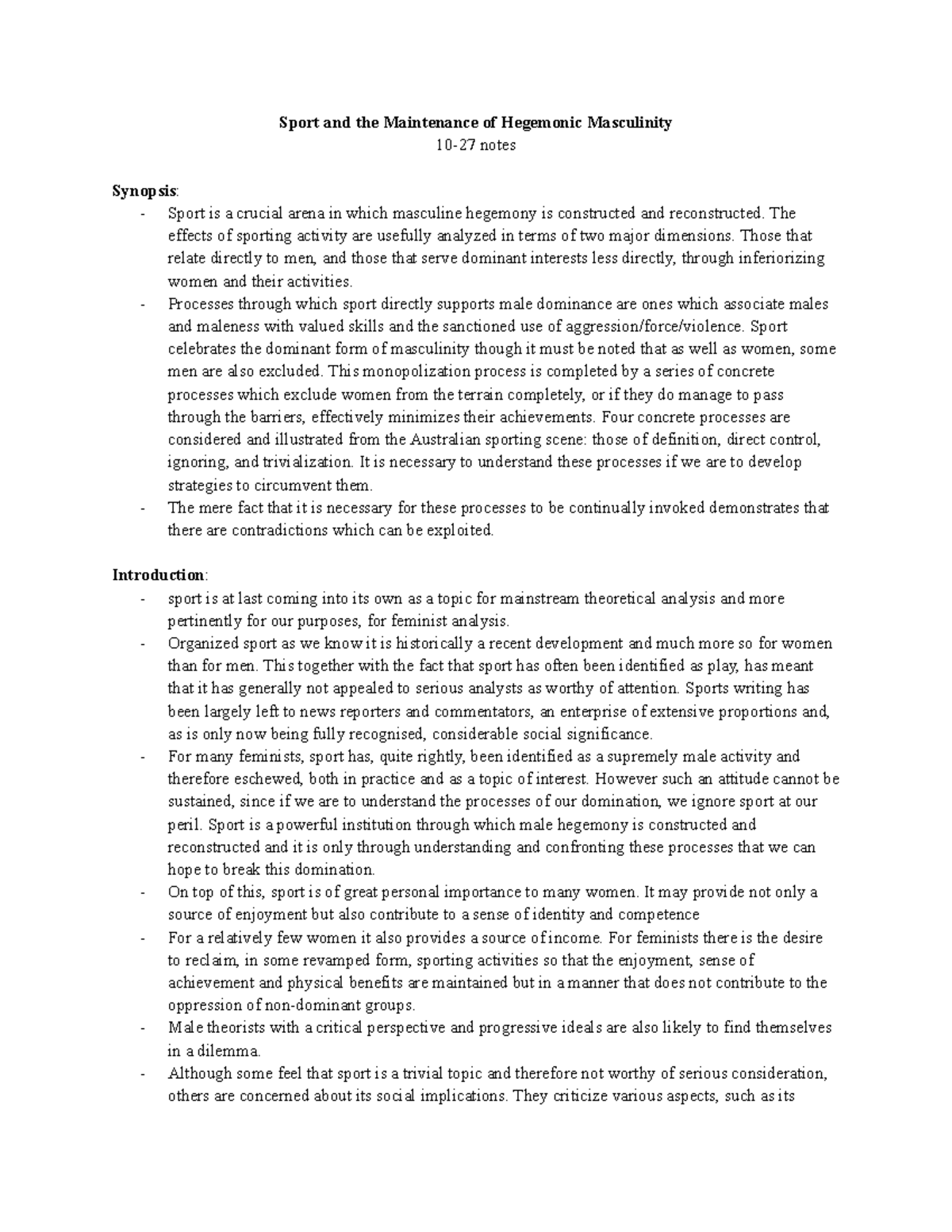 Sport and the Maintenance of Hegemonic Masculinity - The effects of ...