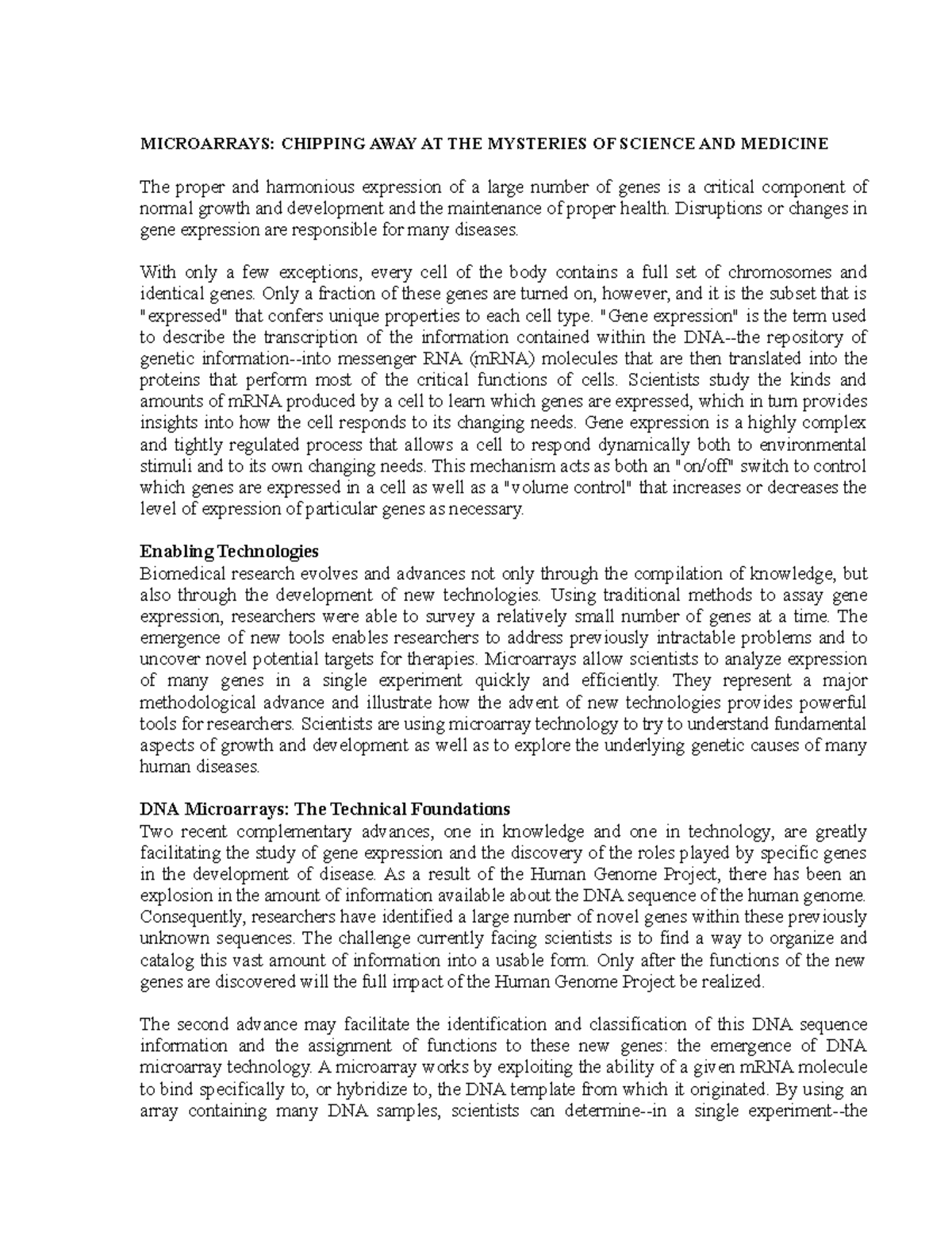 Microarray - Lecture notes 5 - MICROARRAYS: CHIPPING AWAY AT THE ...