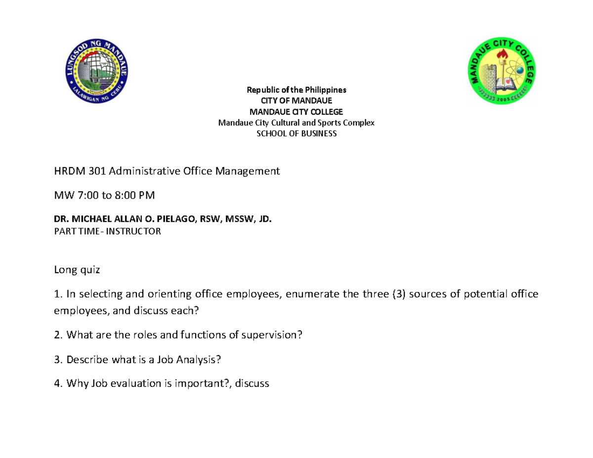 301 HRDM 2 long quiz 307 - Nnn - Republic of the Philippines CITY OF ...