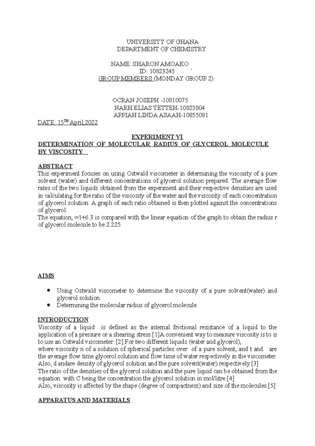 LAB Report VI-10823245 - UNIVERSITY OF GHANA DEPARTMENT OF CHEMISTRY ...