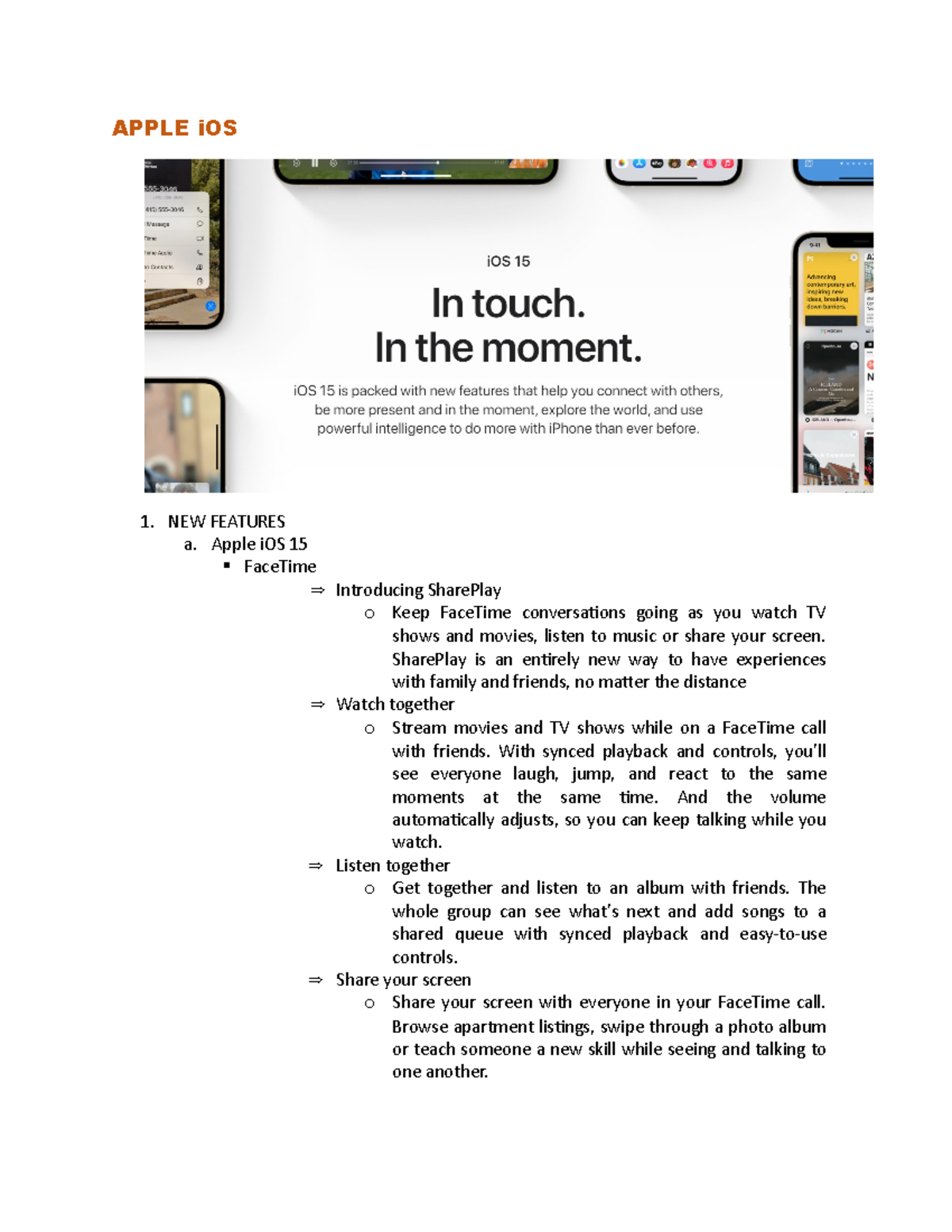 Apple i OS - APPLE iOS 1. NEW FEATURES a. Apple iOS 15 FaceTime ...