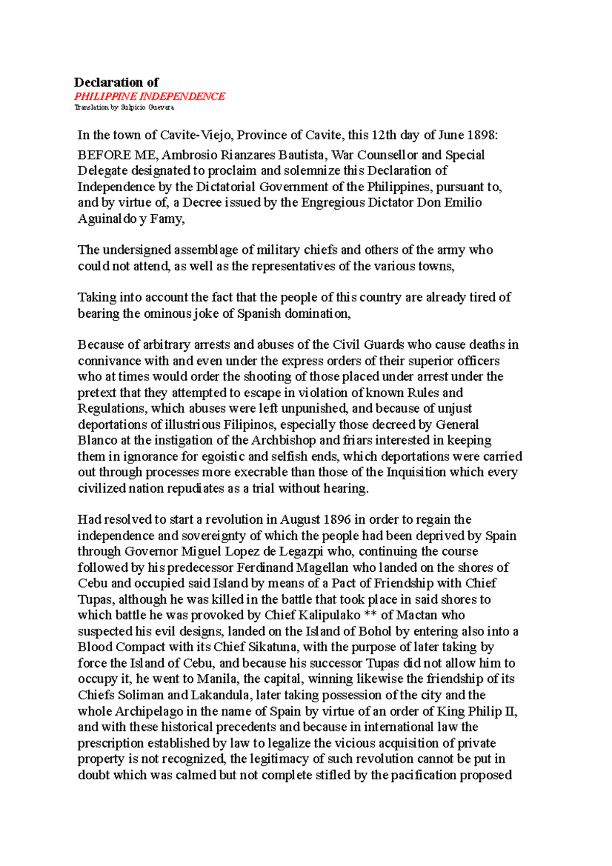 Declaration of Independence of the Filipinos by Sulpicio Guevara