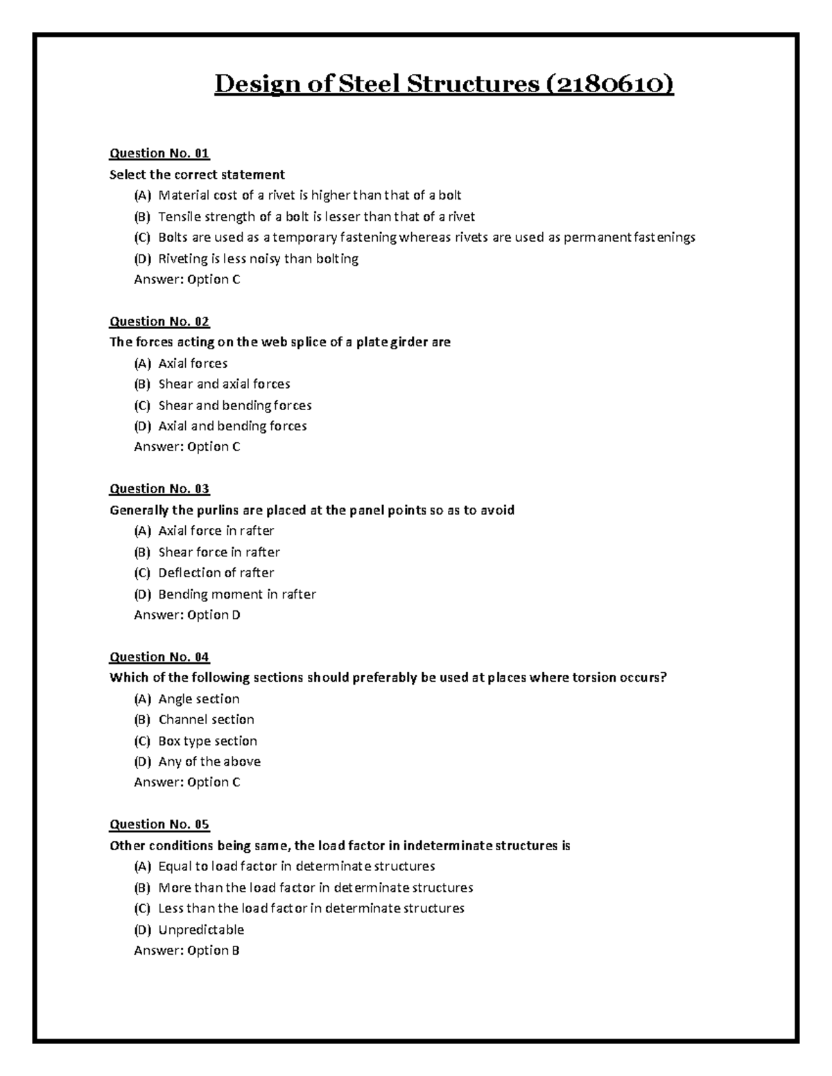 Mcq Of Design Of Steel Structures 2180610 Design Of Steel Structures