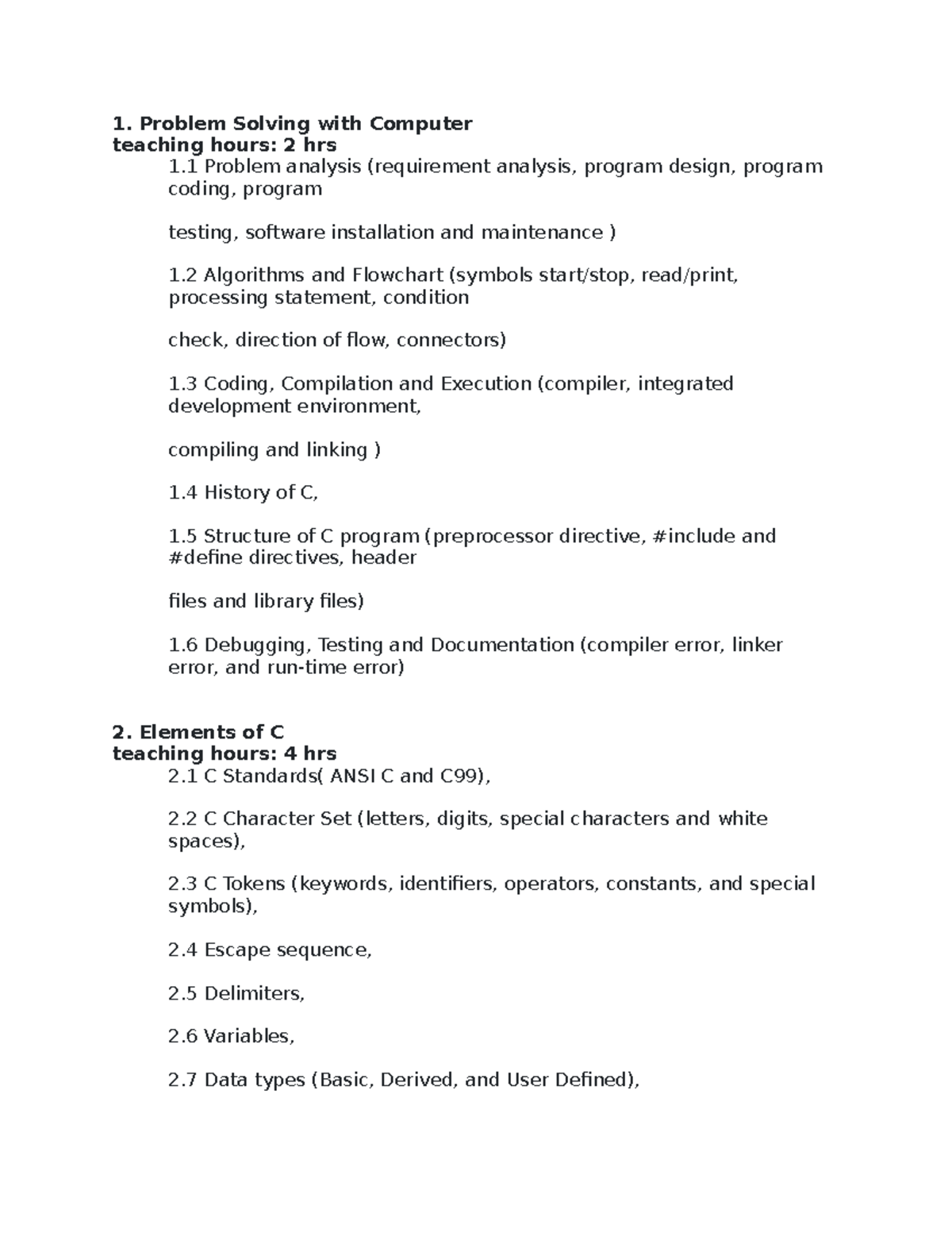 C syllabus abcd Problem Solving with Computer teaching hours 2 hrs