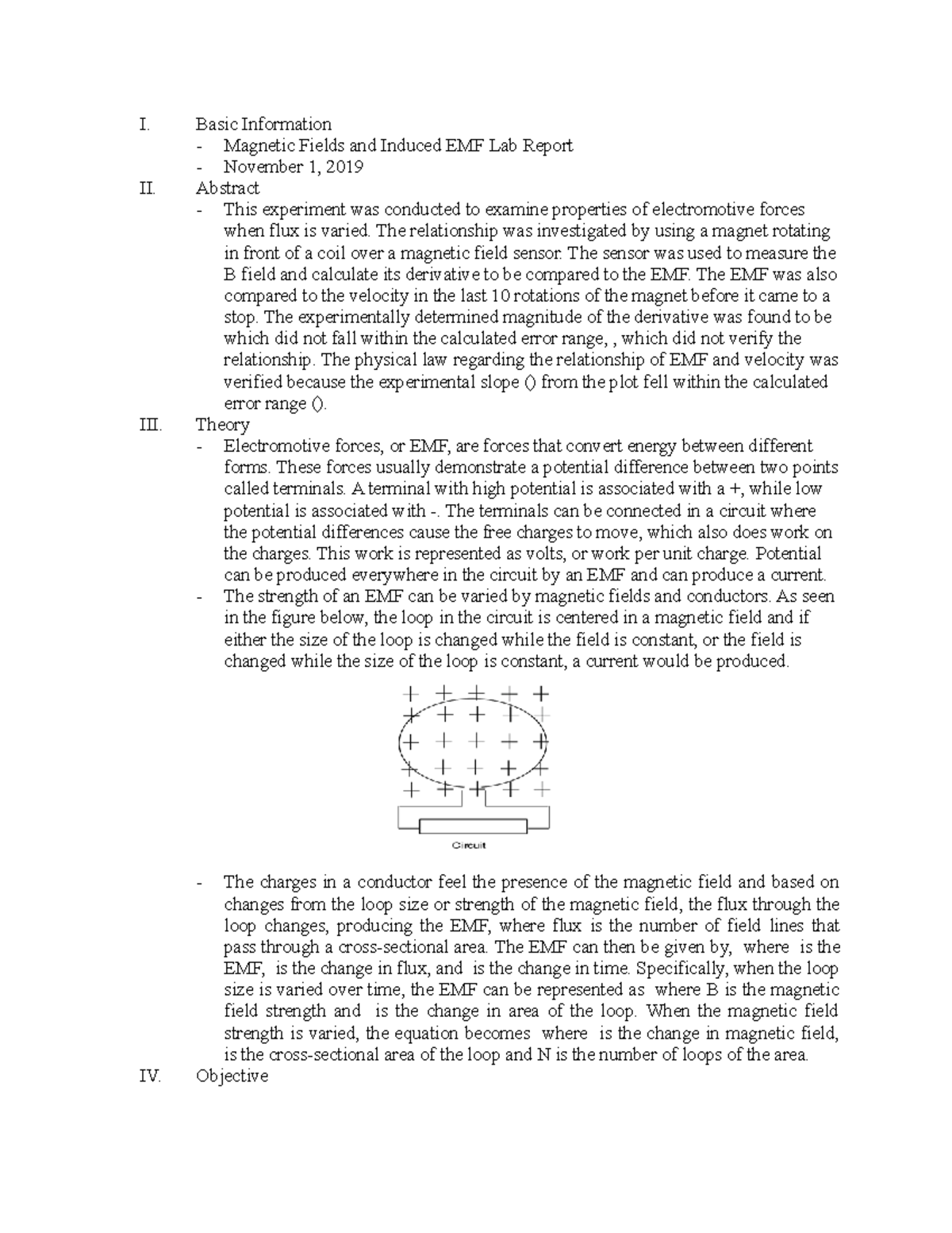 Fields and Induced EMF Lab Report I. Basic Information